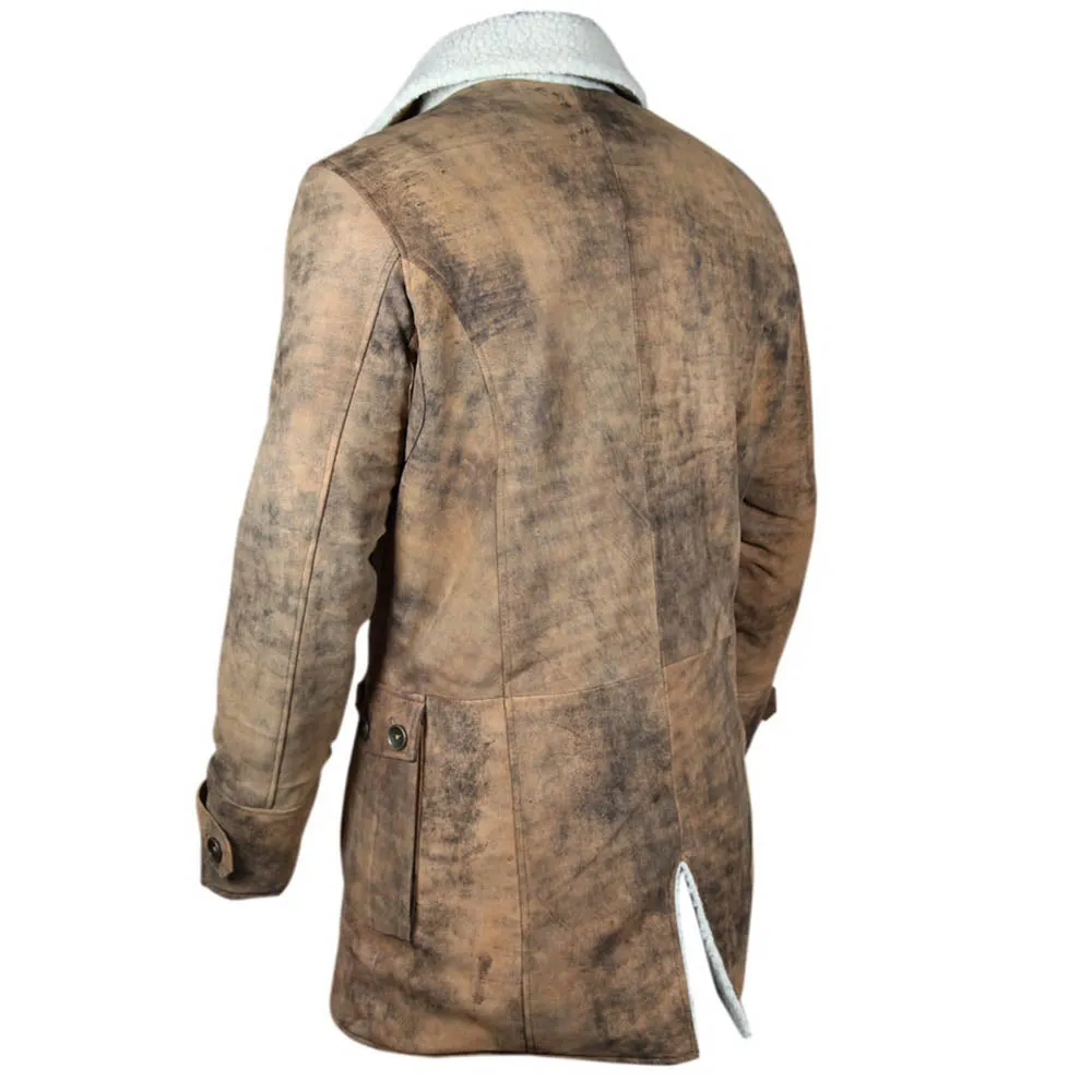Distressed Brown Coat Winter Fur Shearling Long Jacket Mens