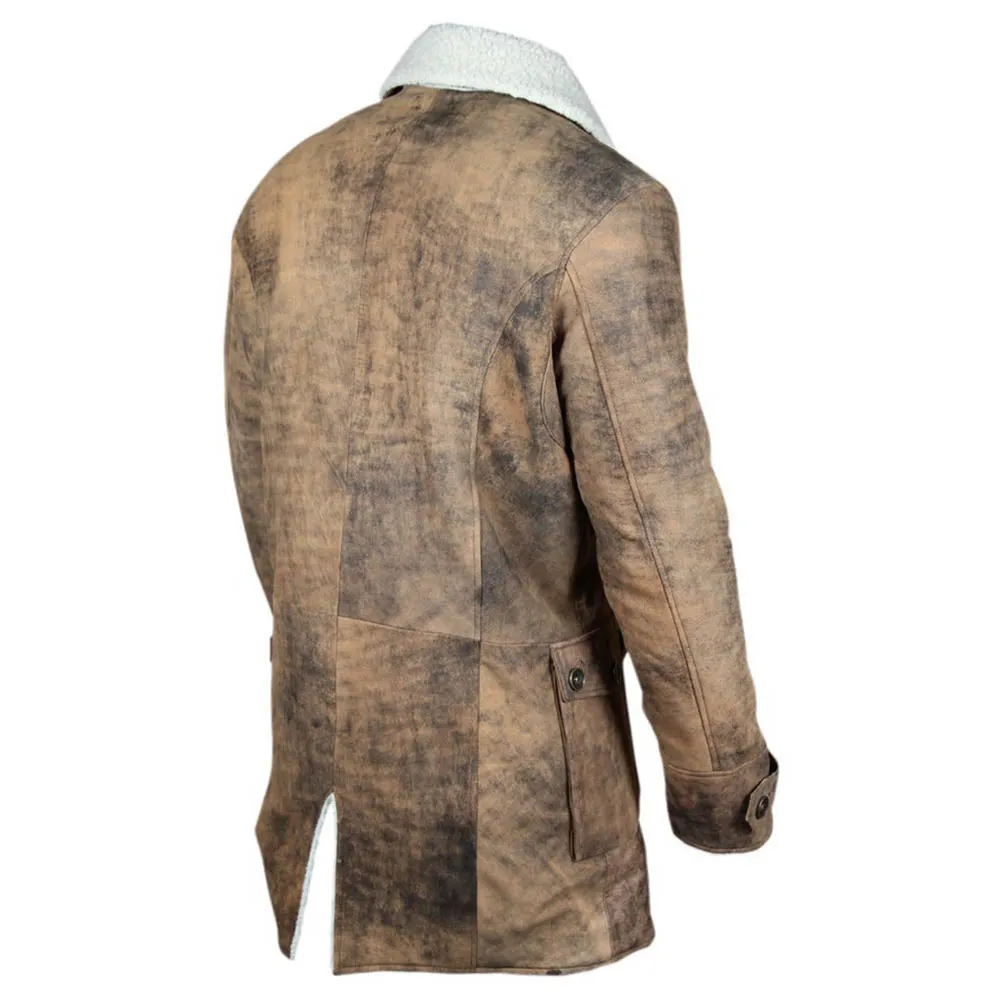 Distressed Brown Coat Winter Fur Shearling Long Jacket Mens
