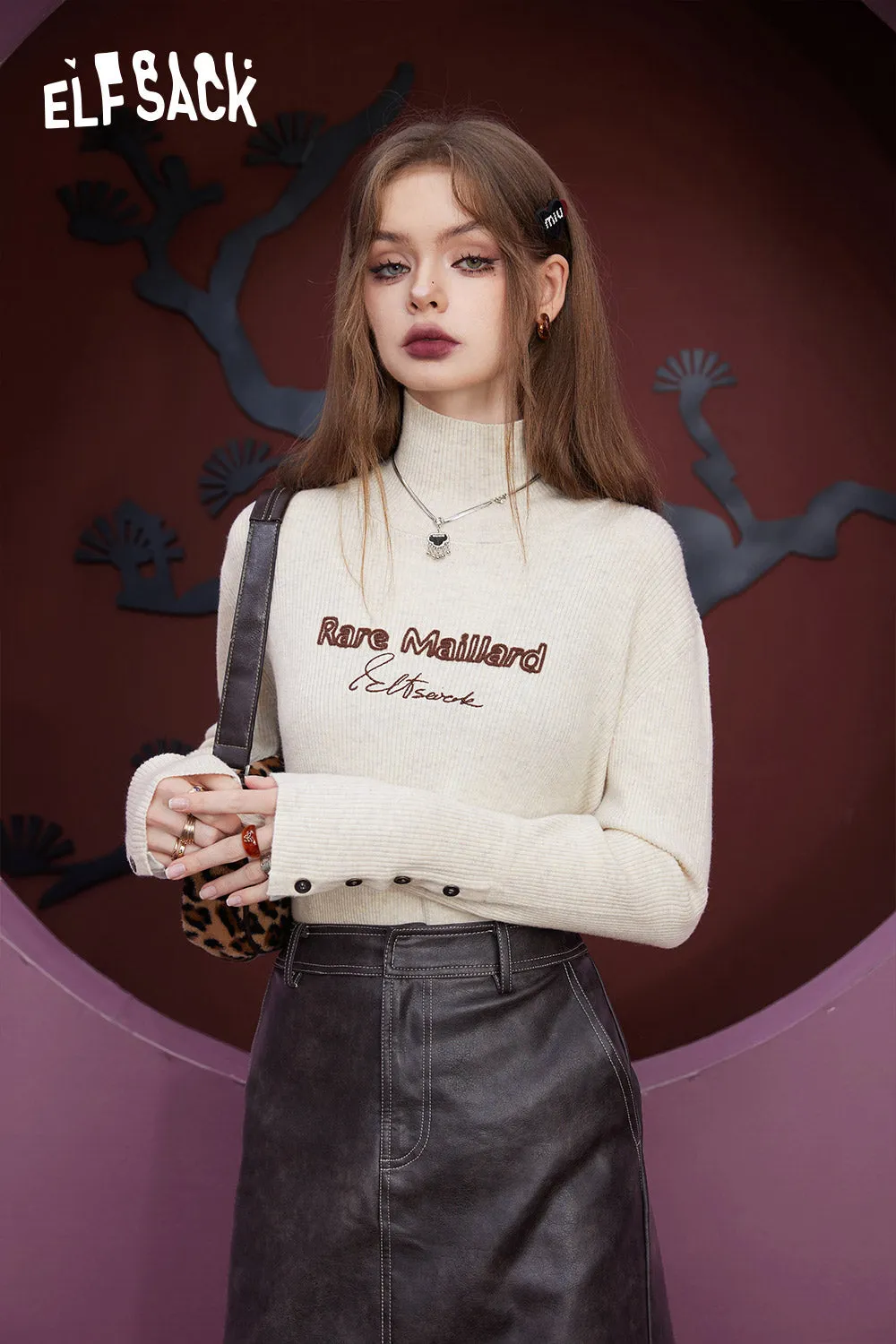 ELFSACK Slim Solid Color Turtleneck Undershirt Woman 2023 Winter Knitwears Sweaters
