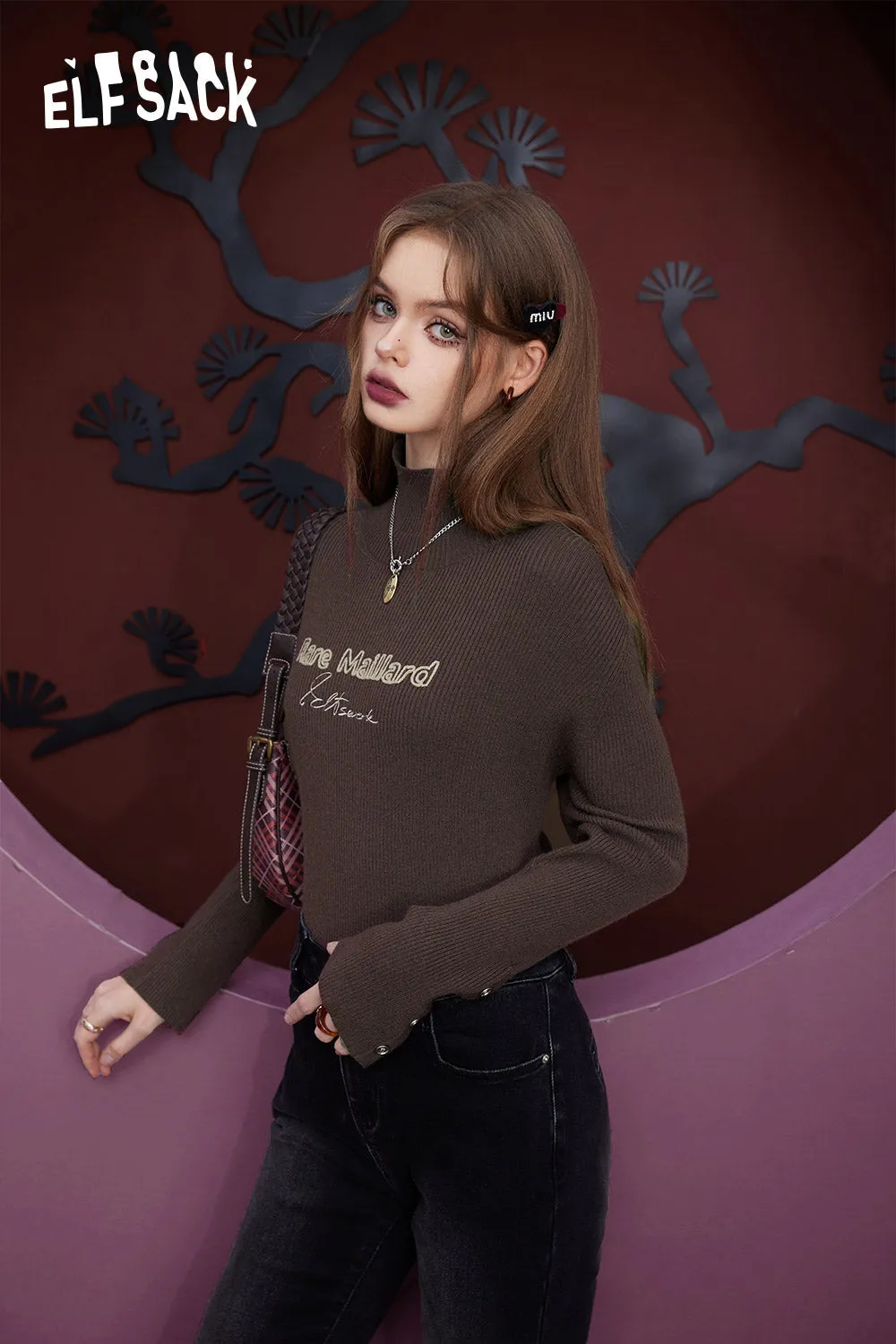 ELFSACK Slim Solid Color Turtleneck Undershirt Woman 2023 Winter Knitwears Sweaters