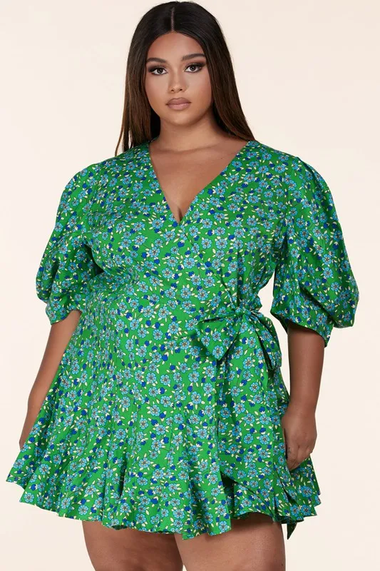 Green Floral Puff Sleeve Wrap Mini Dress-CURVES