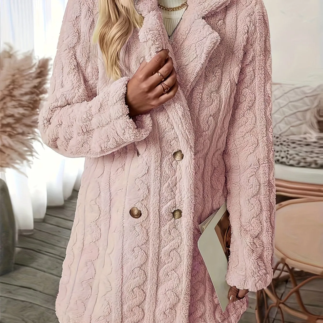 Long Sleeve Textured Thermal Double Breasted Lapel Teddy Coat - Soft Micro Elasticity Polyester Fabric, Versatile Winter Outerwear for Women - Hand Washable, Solid Color, Middle East Style, Fall/Winter Season, Knit Fabric