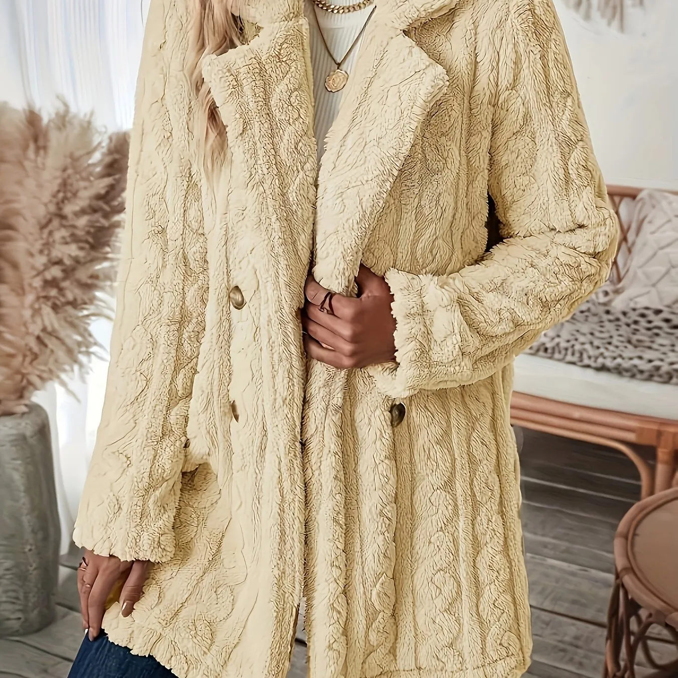 Long Sleeve Textured Thermal Double Breasted Lapel Teddy Coat - Soft Micro Elasticity Polyester Fabric, Versatile Winter Outerwear for Women - Hand Washable, Solid Color, Middle East Style, Fall/Winter Season, Knit Fabric
