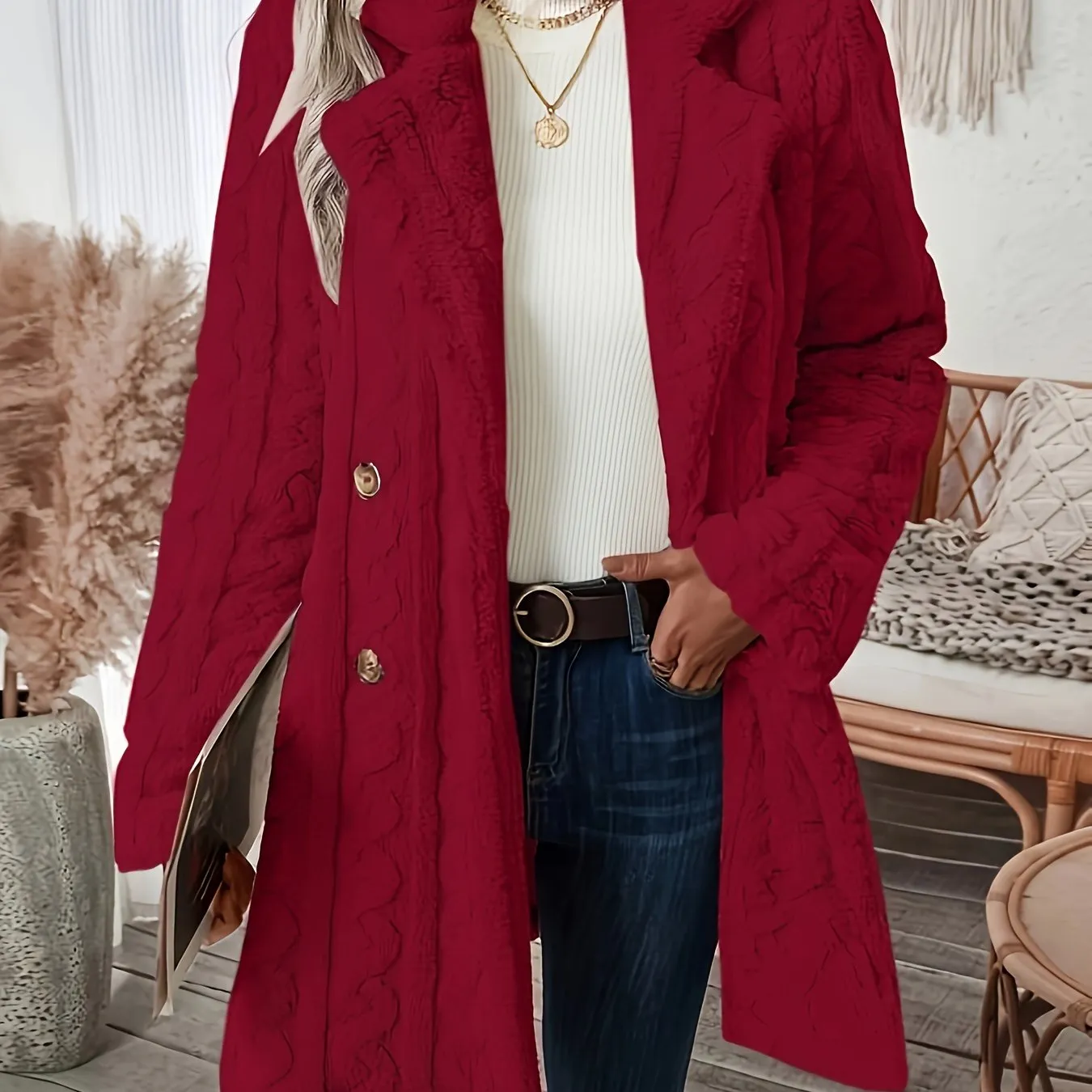 Long Sleeve Textured Thermal Double Breasted Lapel Teddy Coat - Soft Micro Elasticity Polyester Fabric, Versatile Winter Outerwear for Women - Hand Washable, Solid Color, Middle East Style, Fall/Winter Season, Knit Fabric