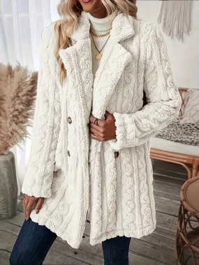 Long Sleeve Textured Thermal Double Breasted Lapel Teddy Coat - Soft Micro Elasticity Polyester Fabric, Versatile Winter Outerwear for Women - Hand Washable, Solid Color, Middle East Style, Fall/Winter Season, Knit Fabric