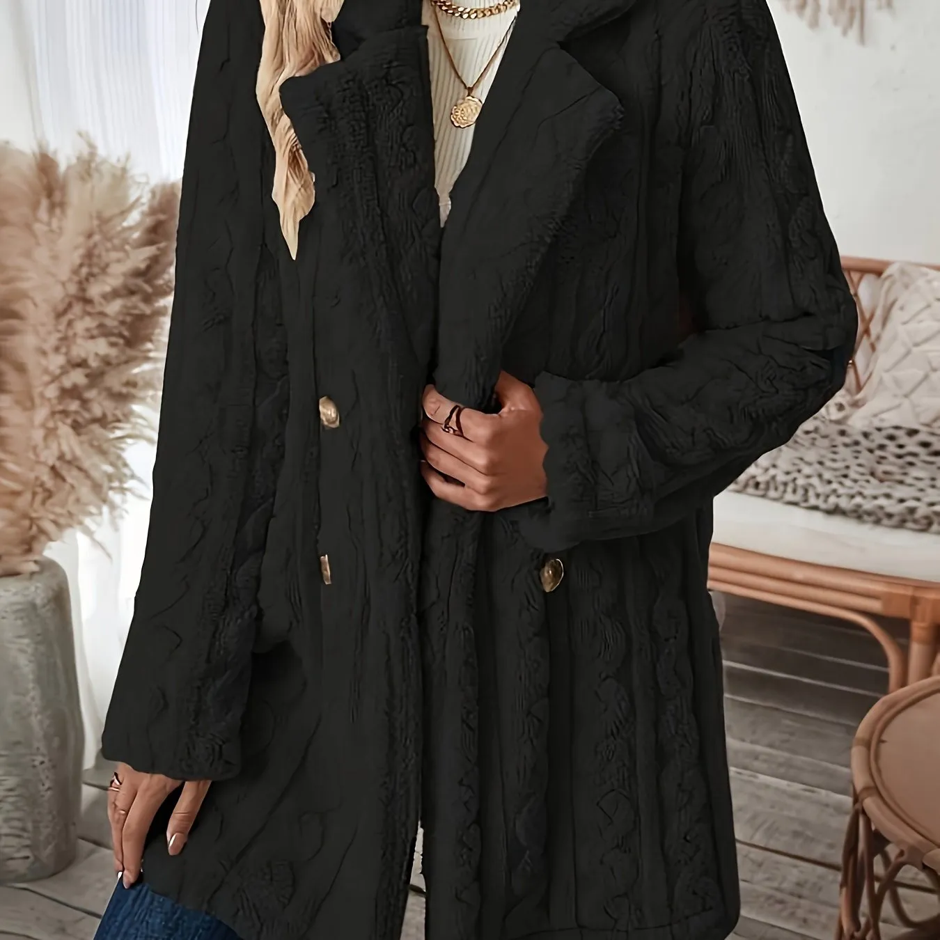 Long Sleeve Textured Thermal Double Breasted Lapel Teddy Coat - Soft Micro Elasticity Polyester Fabric, Versatile Winter Outerwear for Women - Hand Washable, Solid Color, Middle East Style, Fall/Winter Season, Knit Fabric