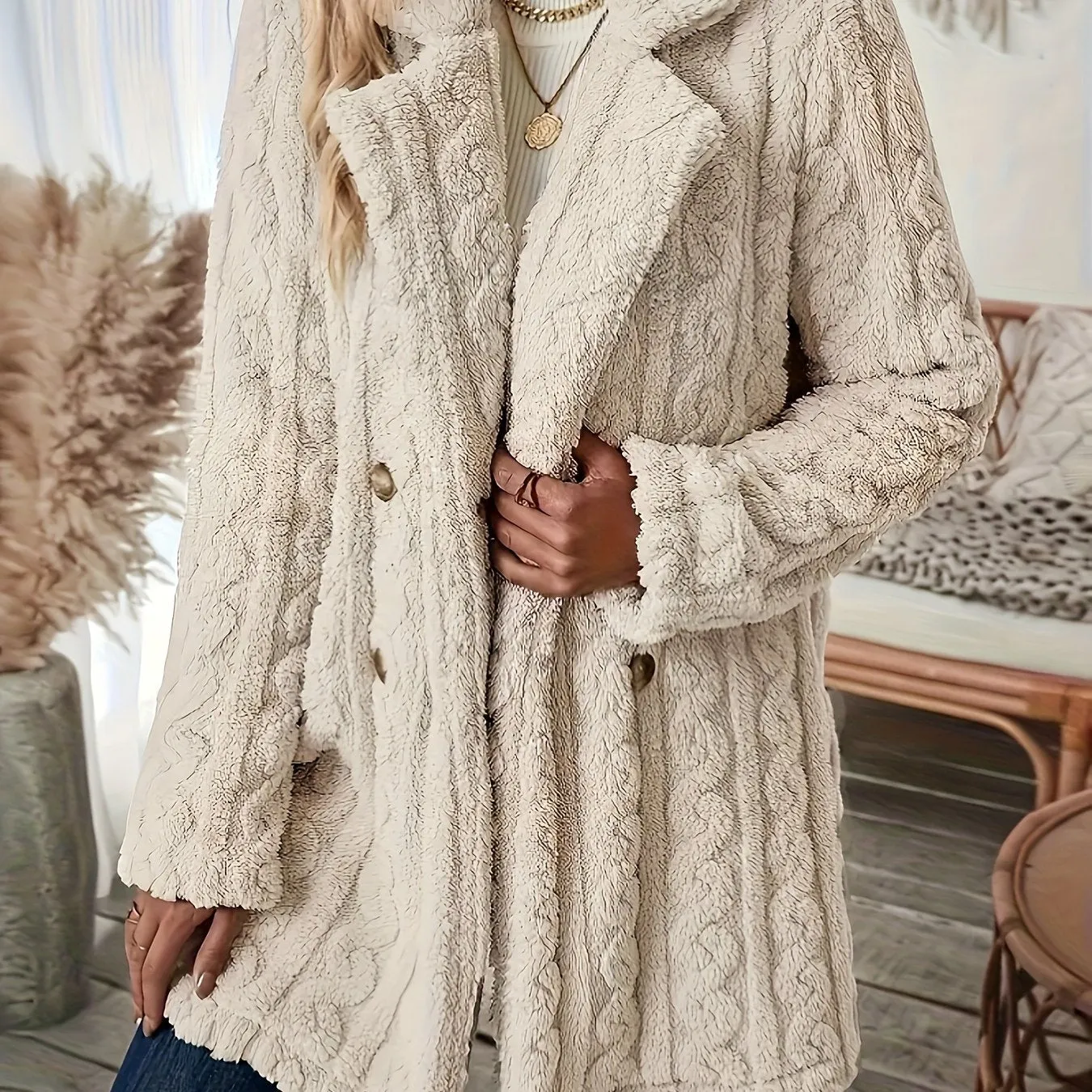 Long Sleeve Textured Thermal Double Breasted Lapel Teddy Coat - Soft Micro Elasticity Polyester Fabric, Versatile Winter Outerwear for Women - Hand Washable, Solid Color, Middle East Style, Fall/Winter Season, Knit Fabric