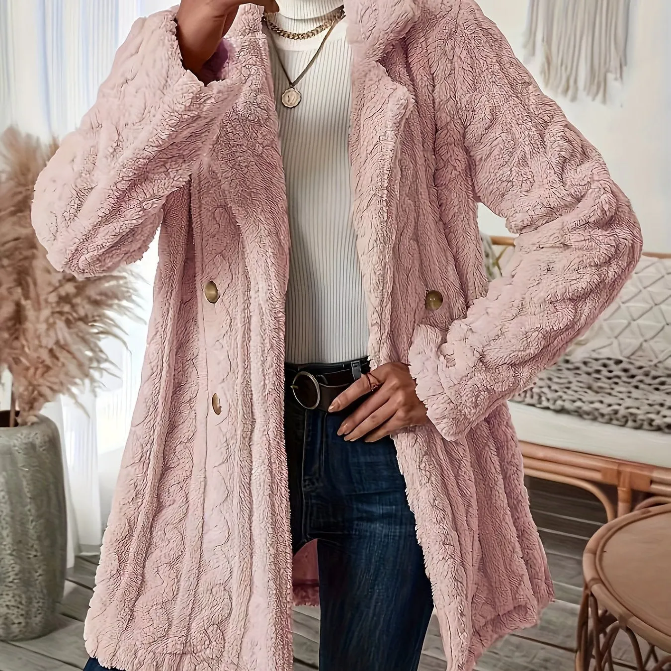 Long Sleeve Textured Thermal Double Breasted Lapel Teddy Coat - Soft Micro Elasticity Polyester Fabric, Versatile Winter Outerwear for Women - Hand Washable, Solid Color, Middle East Style, Fall/Winter Season, Knit Fabric