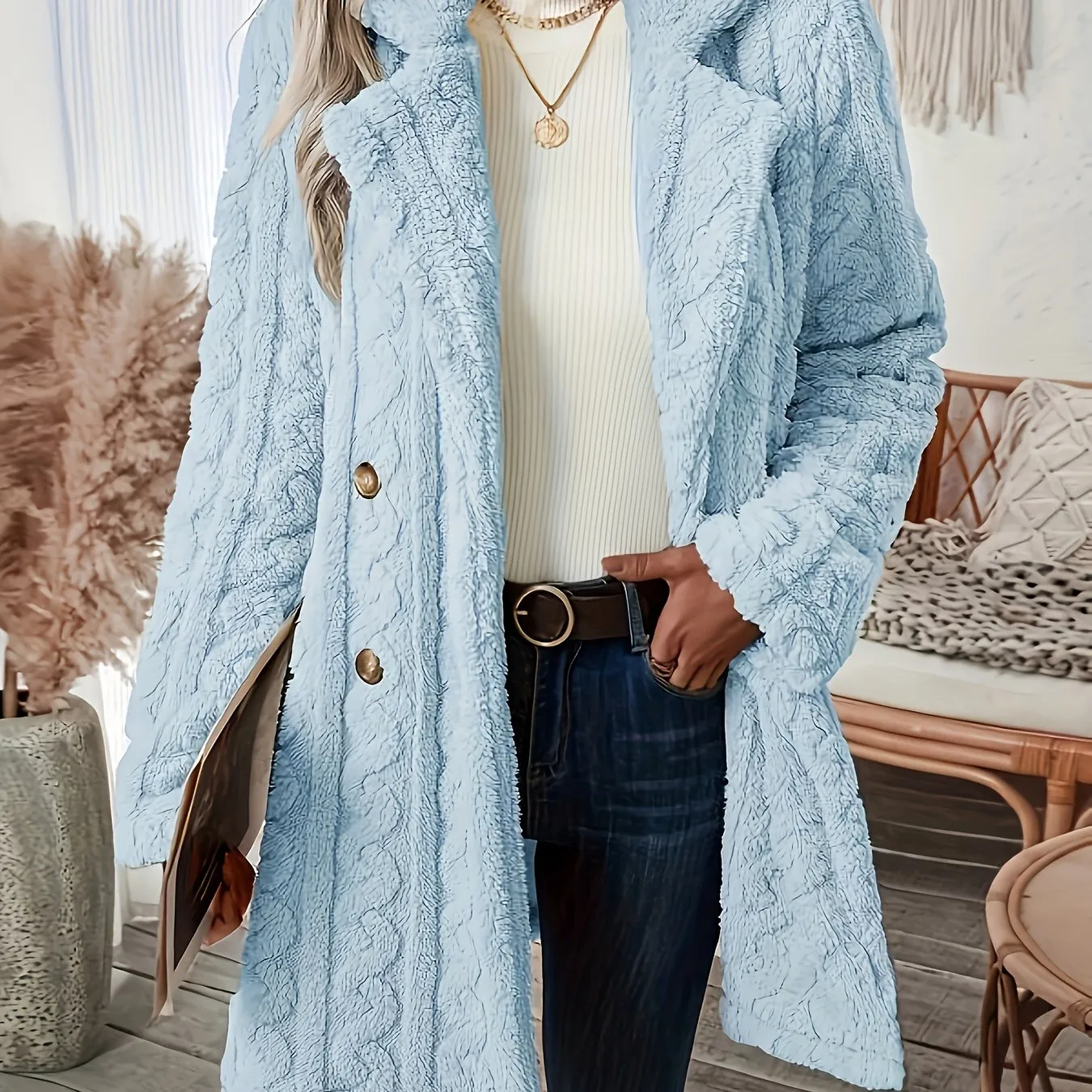 Long Sleeve Textured Thermal Double Breasted Lapel Teddy Coat - Soft Micro Elasticity Polyester Fabric, Versatile Winter Outerwear for Women - Hand Washable, Solid Color, Middle East Style, Fall/Winter Season, Knit Fabric