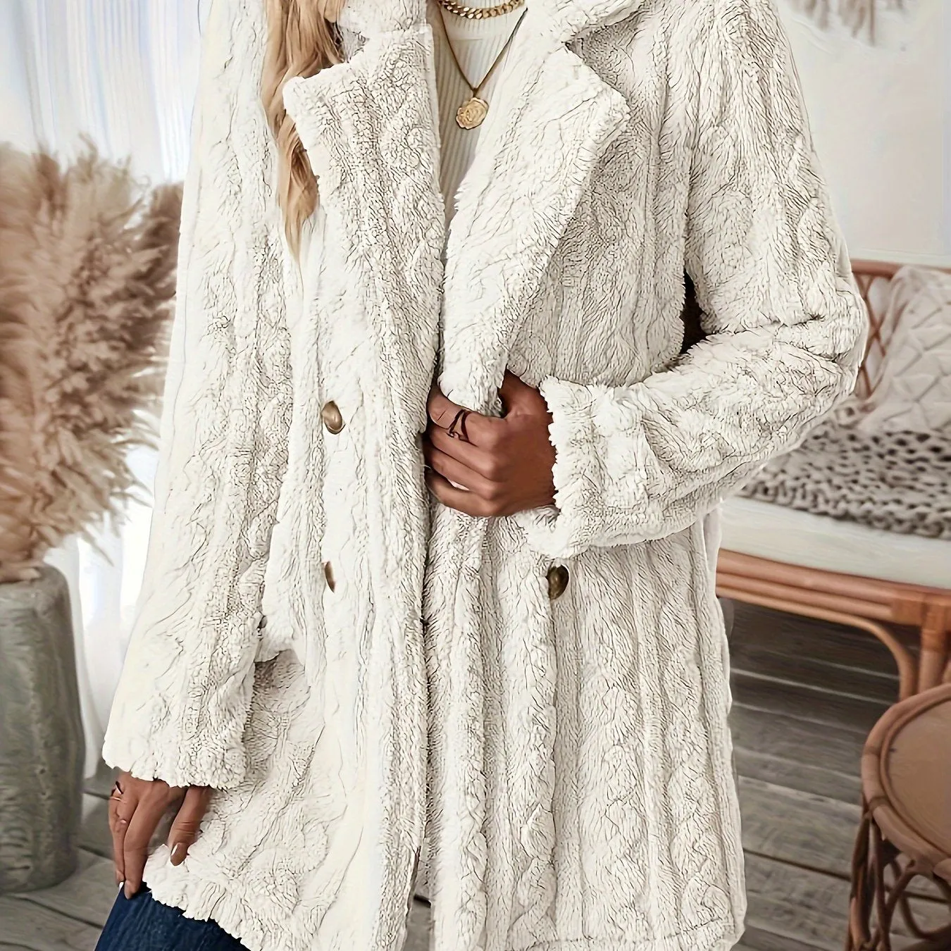 Long Sleeve Textured Thermal Double Breasted Lapel Teddy Coat - Soft Micro Elasticity Polyester Fabric, Versatile Winter Outerwear for Women - Hand Washable, Solid Color, Middle East Style, Fall/Winter Season, Knit Fabric