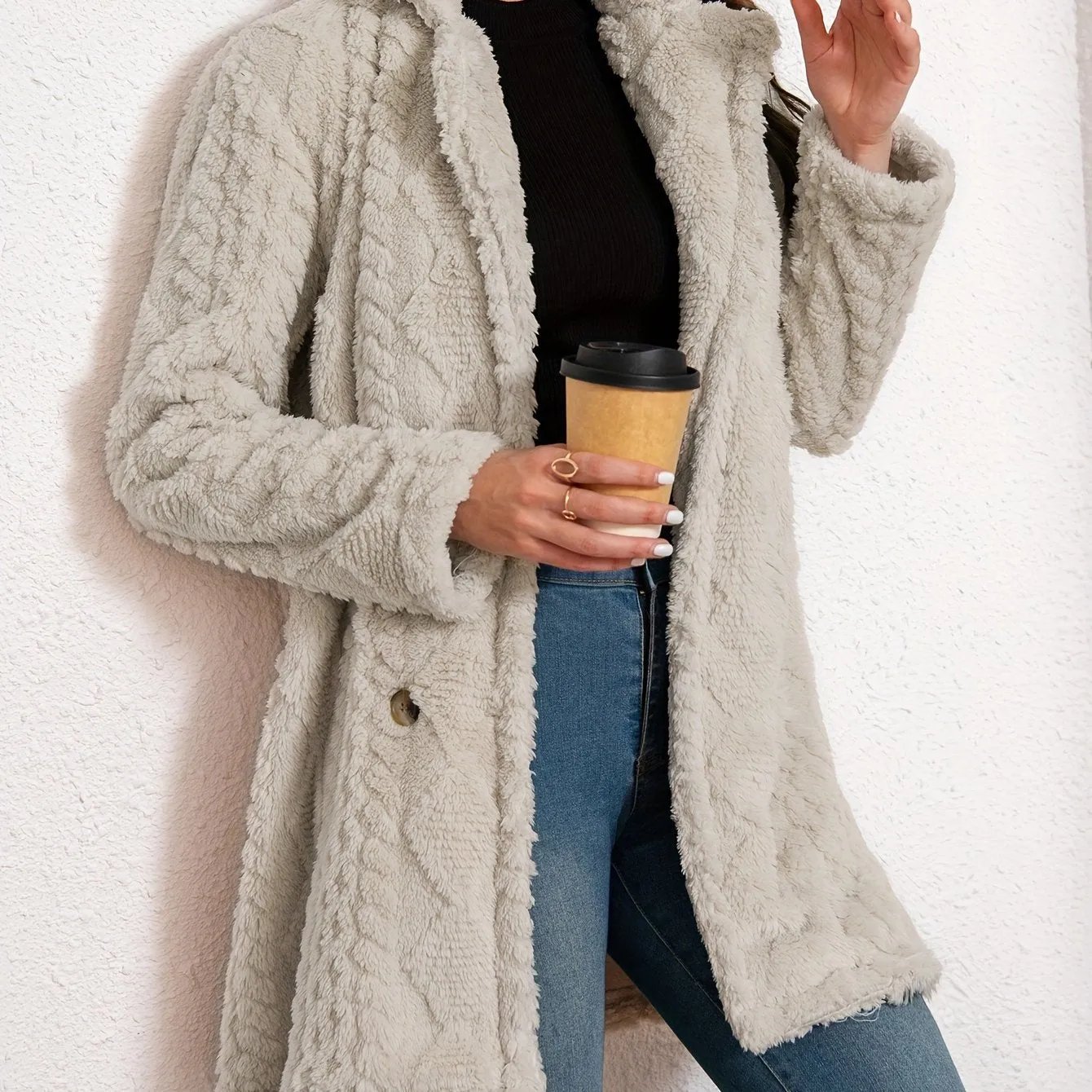 Long Sleeve Textured Thermal Double Breasted Lapel Teddy Coat - Soft Micro Elasticity Polyester Fabric, Versatile Winter Outerwear for Women - Hand Washable, Solid Color, Middle East Style, Fall/Winter Season, Knit Fabric