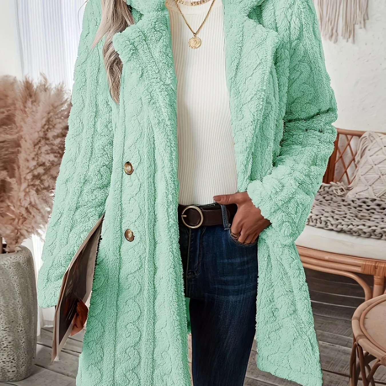 Long Sleeve Textured Thermal Double Breasted Lapel Teddy Coat - Soft Micro Elasticity Polyester Fabric, Versatile Winter Outerwear for Women - Hand Washable, Solid Color, Middle East Style, Fall/Winter Season, Knit Fabric