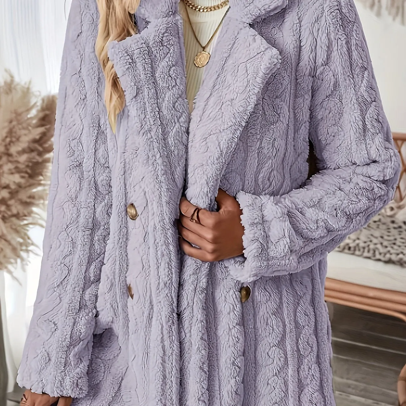 Long Sleeve Textured Thermal Double Breasted Lapel Teddy Coat - Soft Micro Elasticity Polyester Fabric, Versatile Winter Outerwear for Women - Hand Washable, Solid Color, Middle East Style, Fall/Winter Season, Knit Fabric