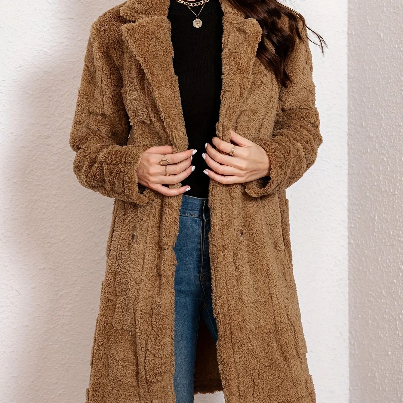 Long Sleeve Textured Thermal Double Breasted Lapel Teddy Coat - Soft Micro Elasticity Polyester Fabric, Versatile Winter Outerwear for Women - Hand Washable, Solid Color, Middle East Style, Fall/Winter Season, Knit Fabric