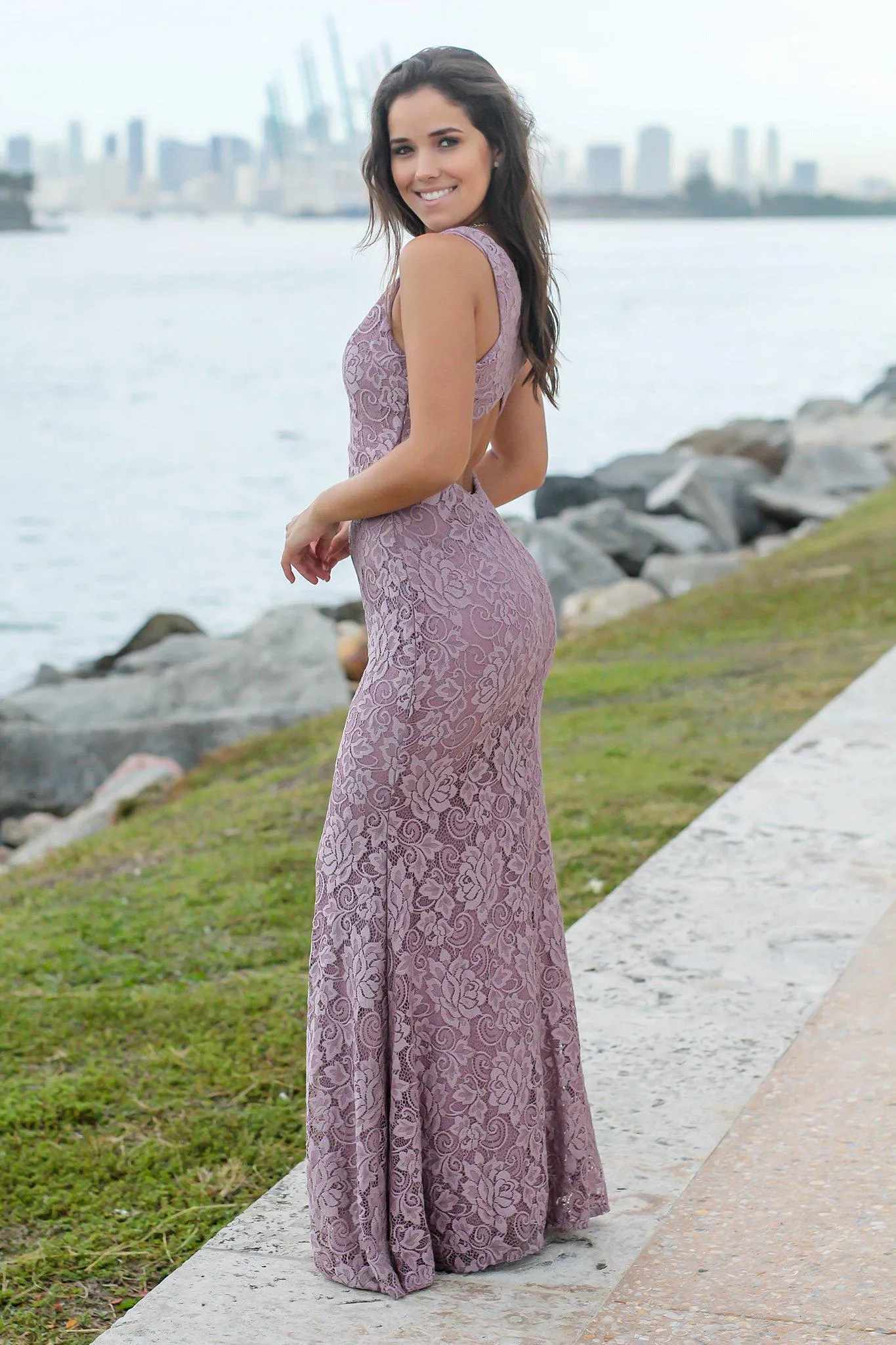 Mauve Lace Maxi Dress with Open Back