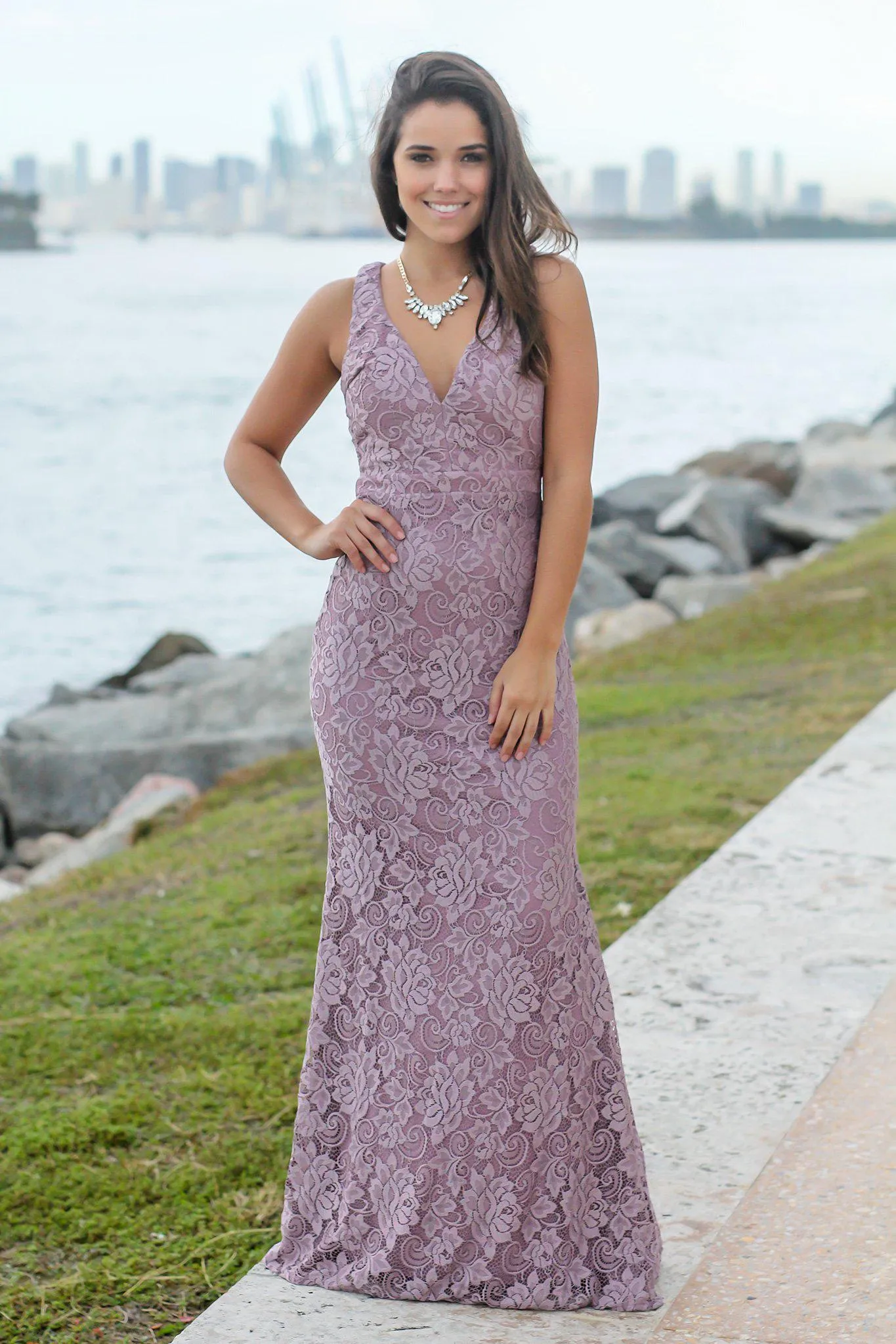 Mauve Lace Maxi Dress with Open Back
