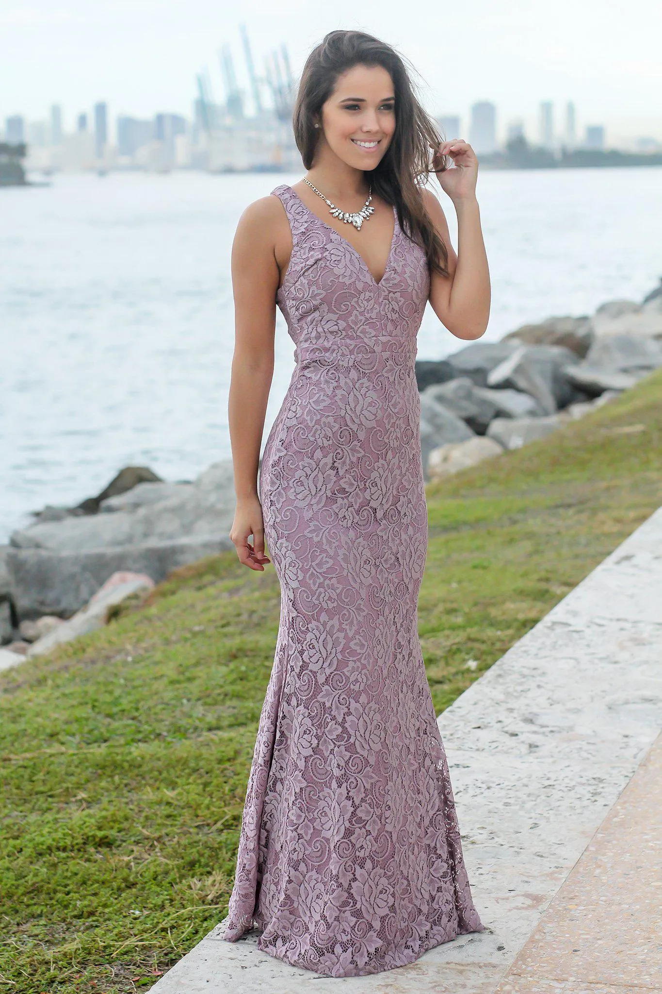 Mauve Lace Maxi Dress with Open Back