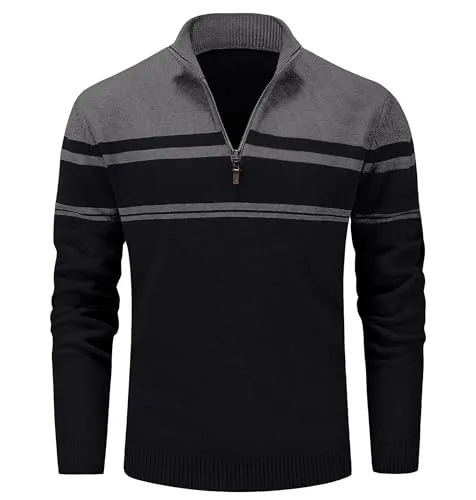 Men Striped Sweater Golf Pullover Mens Casual Sweater Turtleneck Shirts Multi-Color Striped Tops Winter Thermal Sweater Slim Fit Sweaters Polo Sweater Dark Grey Black