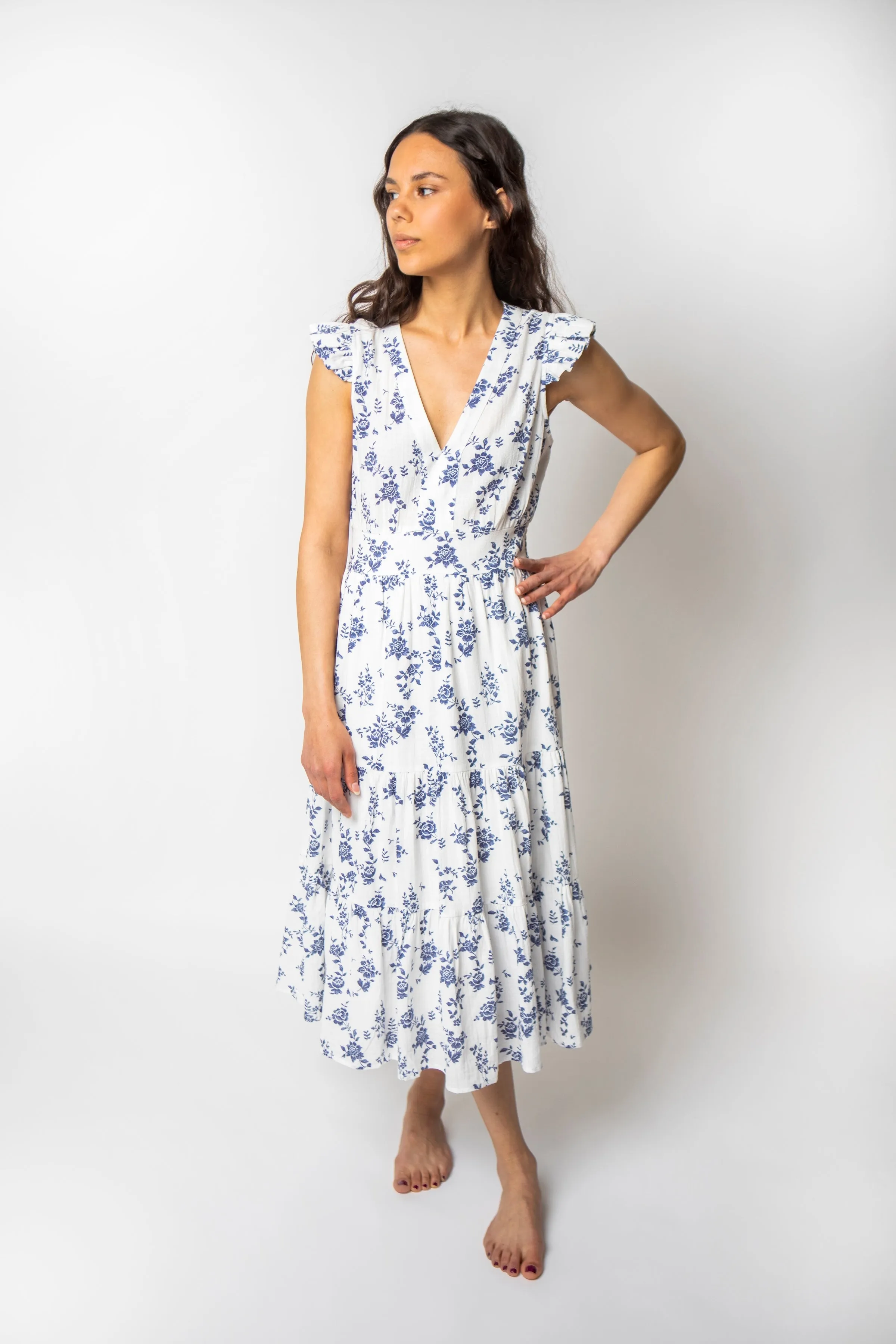 Milos Flutter Sleeve Floral Midi Dress