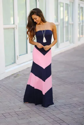 Navy and Pink Chevron Maxi Dress