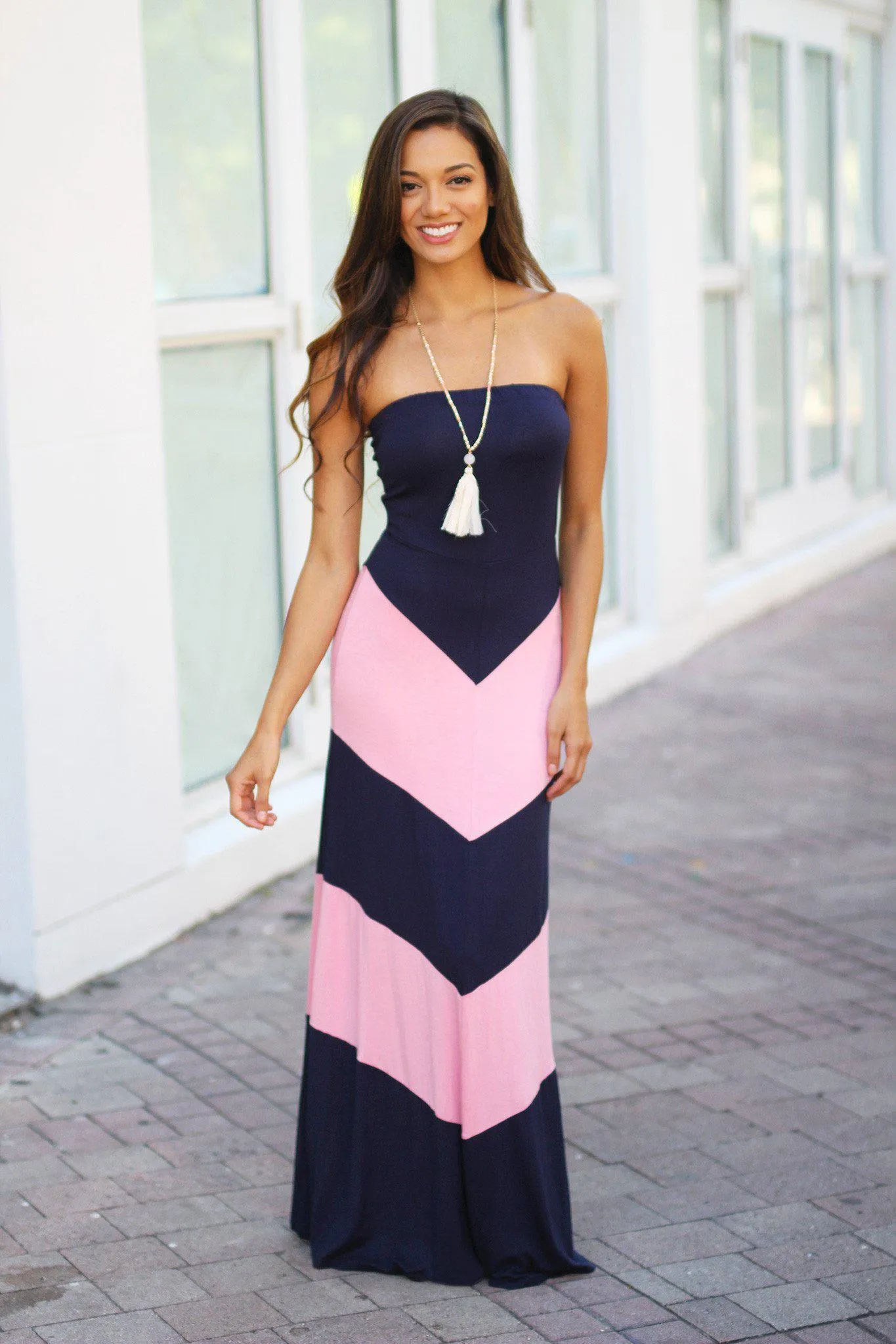 Navy and Pink Chevron Maxi Dress
