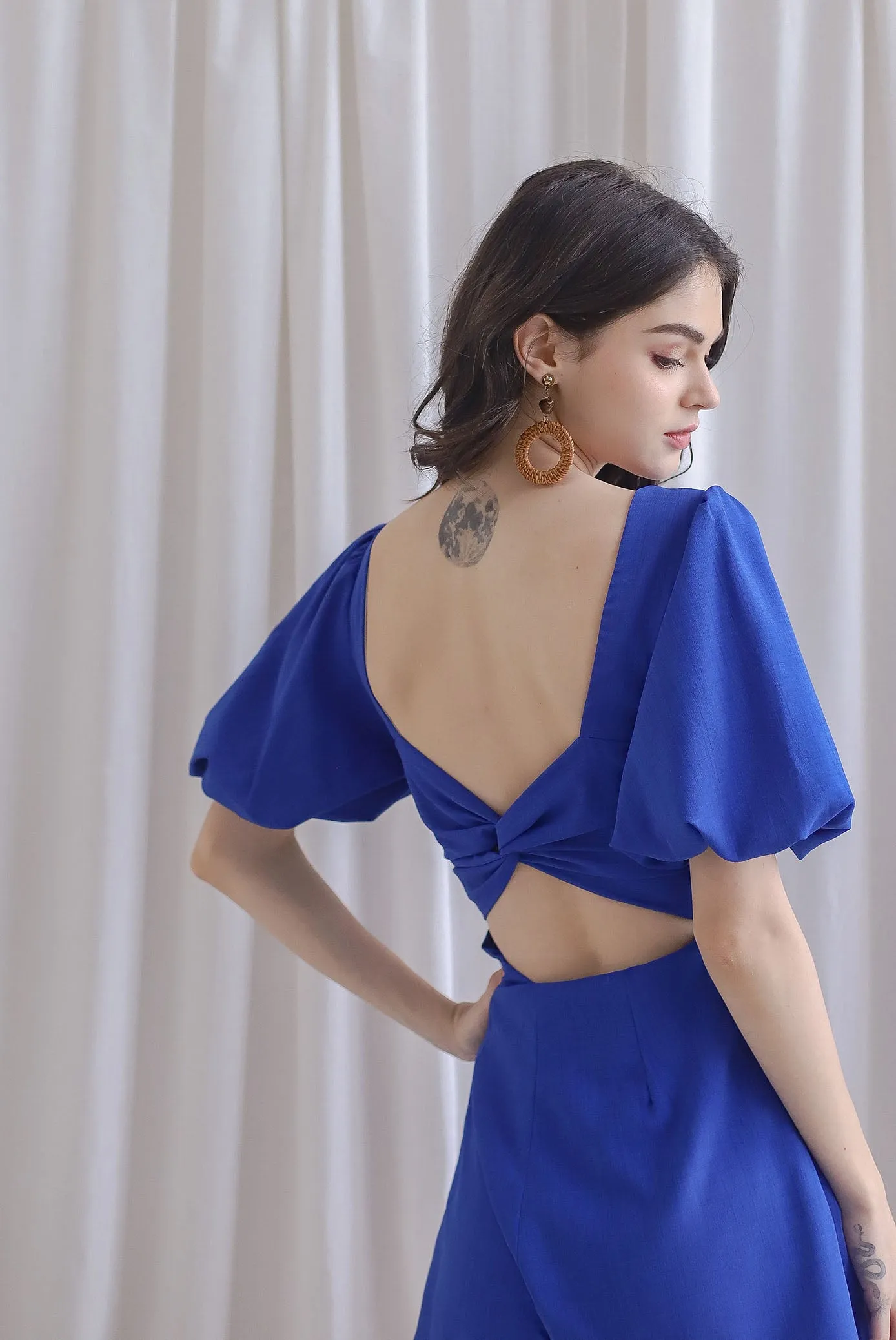 Poppie Puffy Sleeve Bow Back Romper In Cobalt Blue