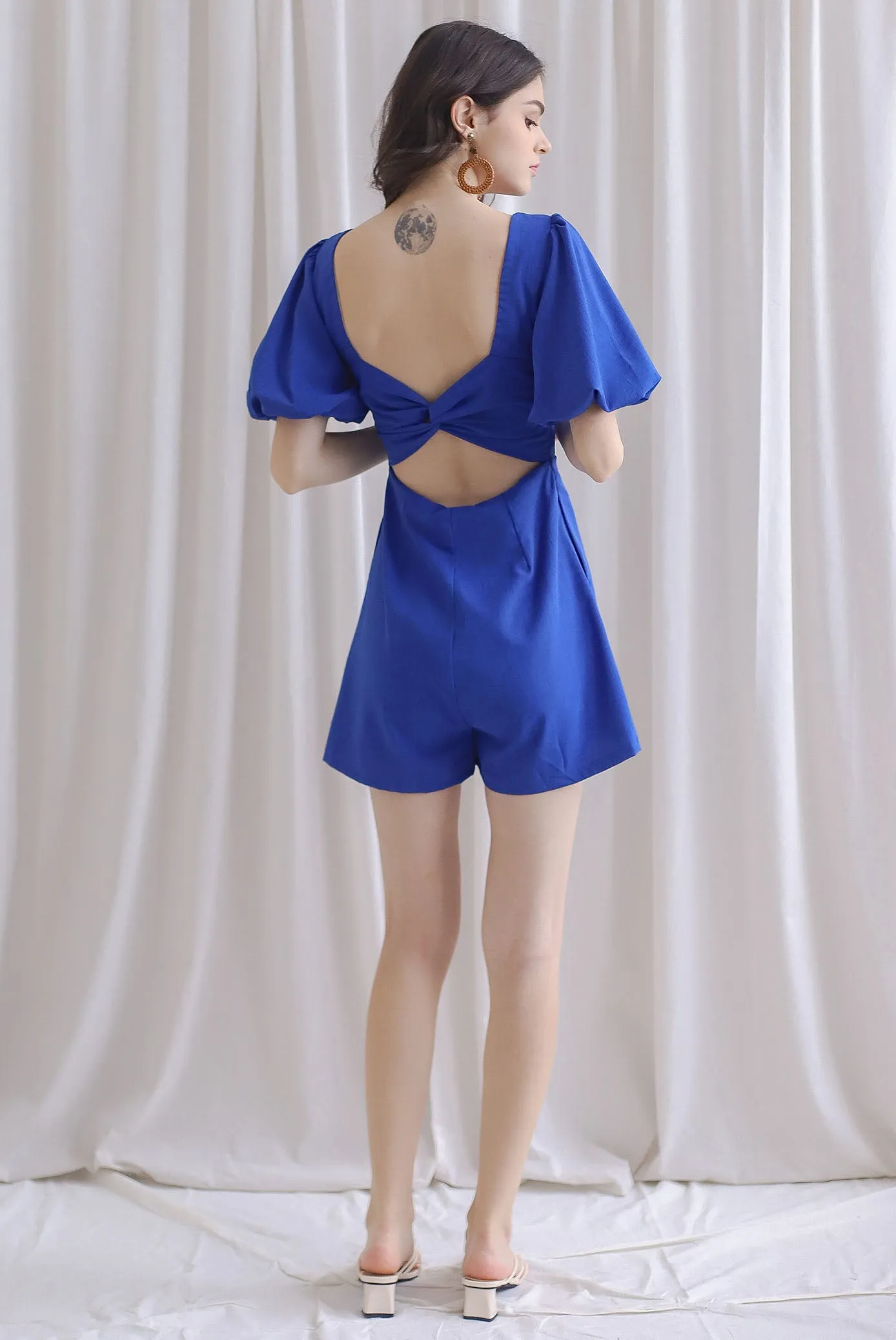 Poppie Puffy Sleeve Bow Back Romper In Cobalt Blue