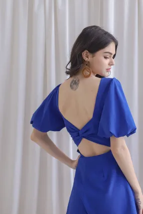 Poppie Puffy Sleeve Bow Back Romper In Cobalt Blue