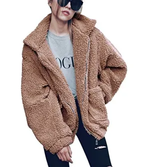 PRETTYGARDEN Women's Fashion Long Sleeve Lapel Zip Up Faux Shearling Shaggy Oversized Coat Jacket with Pockets Warm Winter