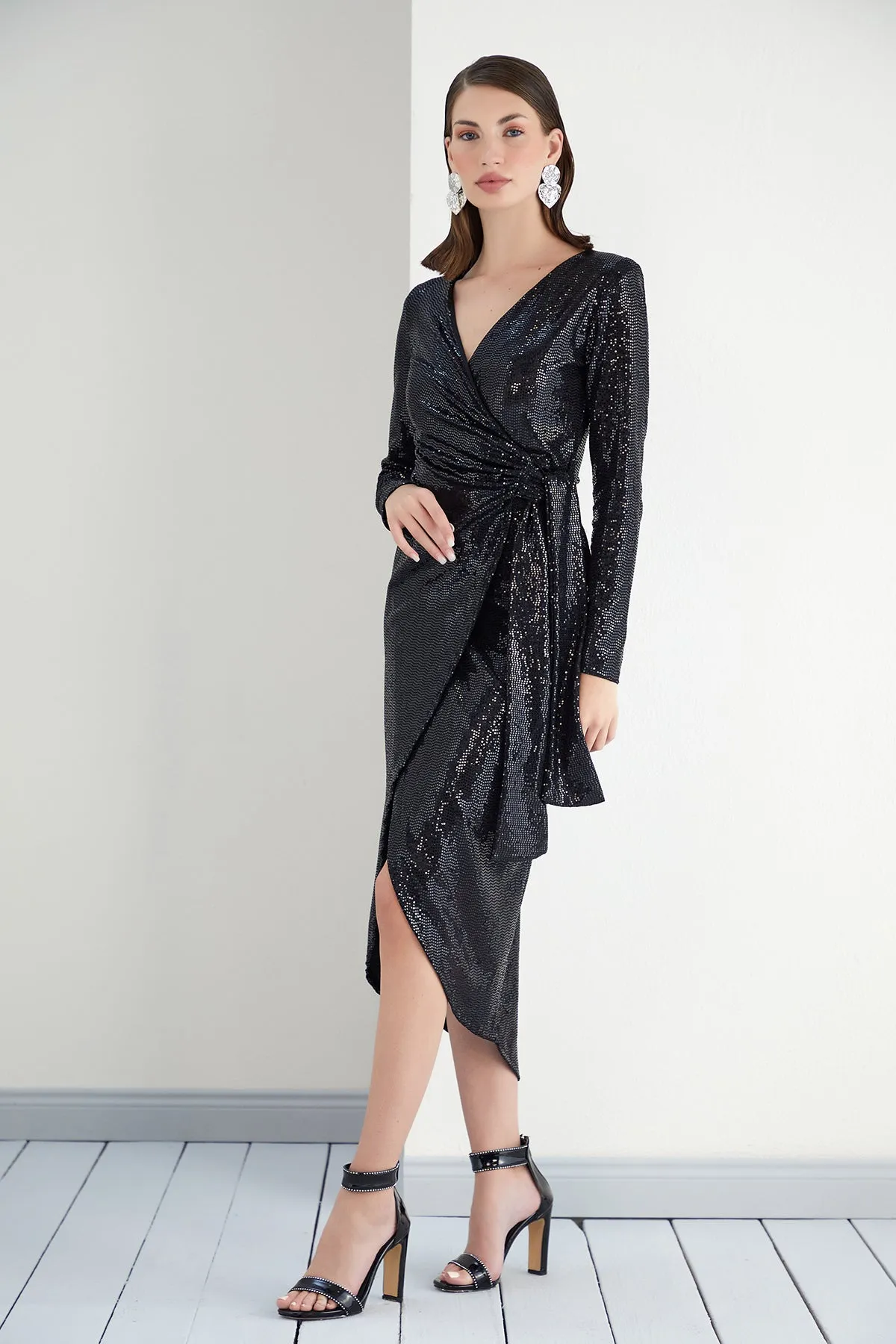 Sequin Wrap Midi dress in Black