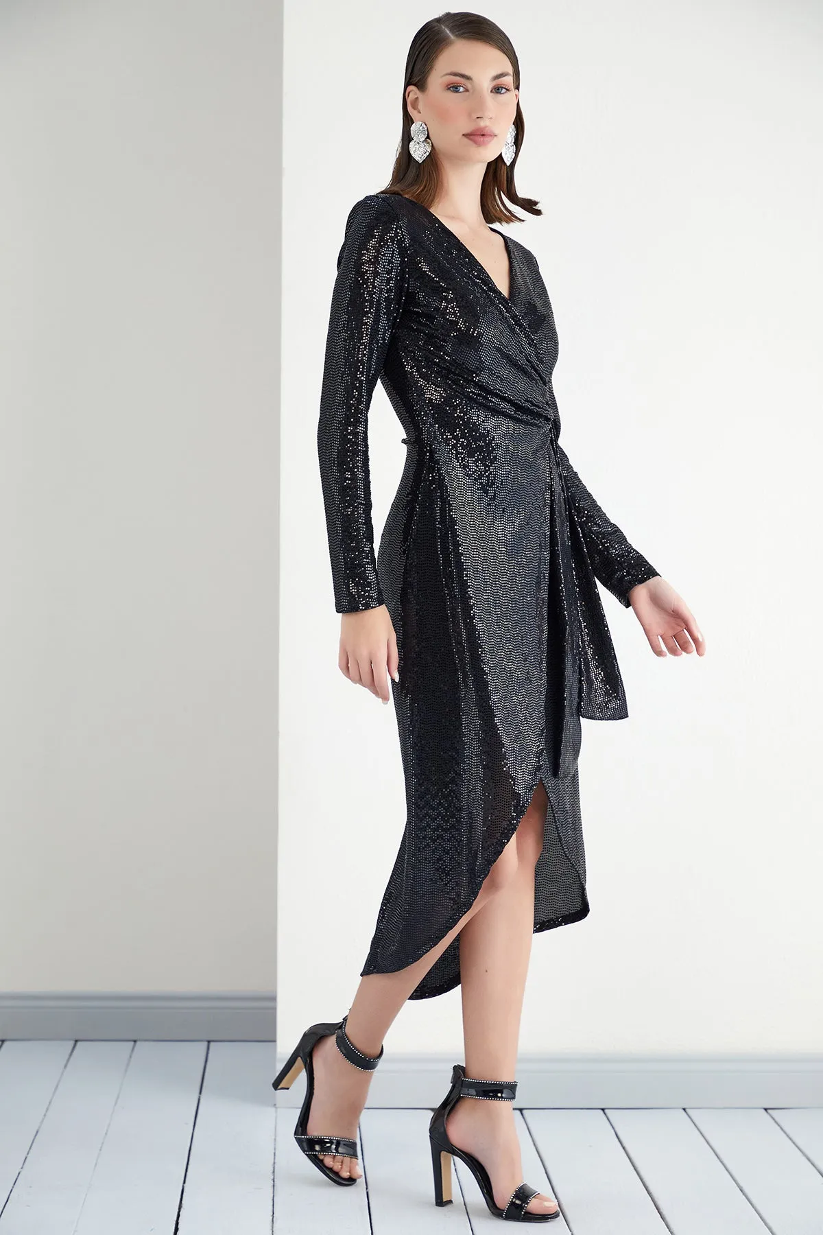 Sequin Wrap Midi dress in Black