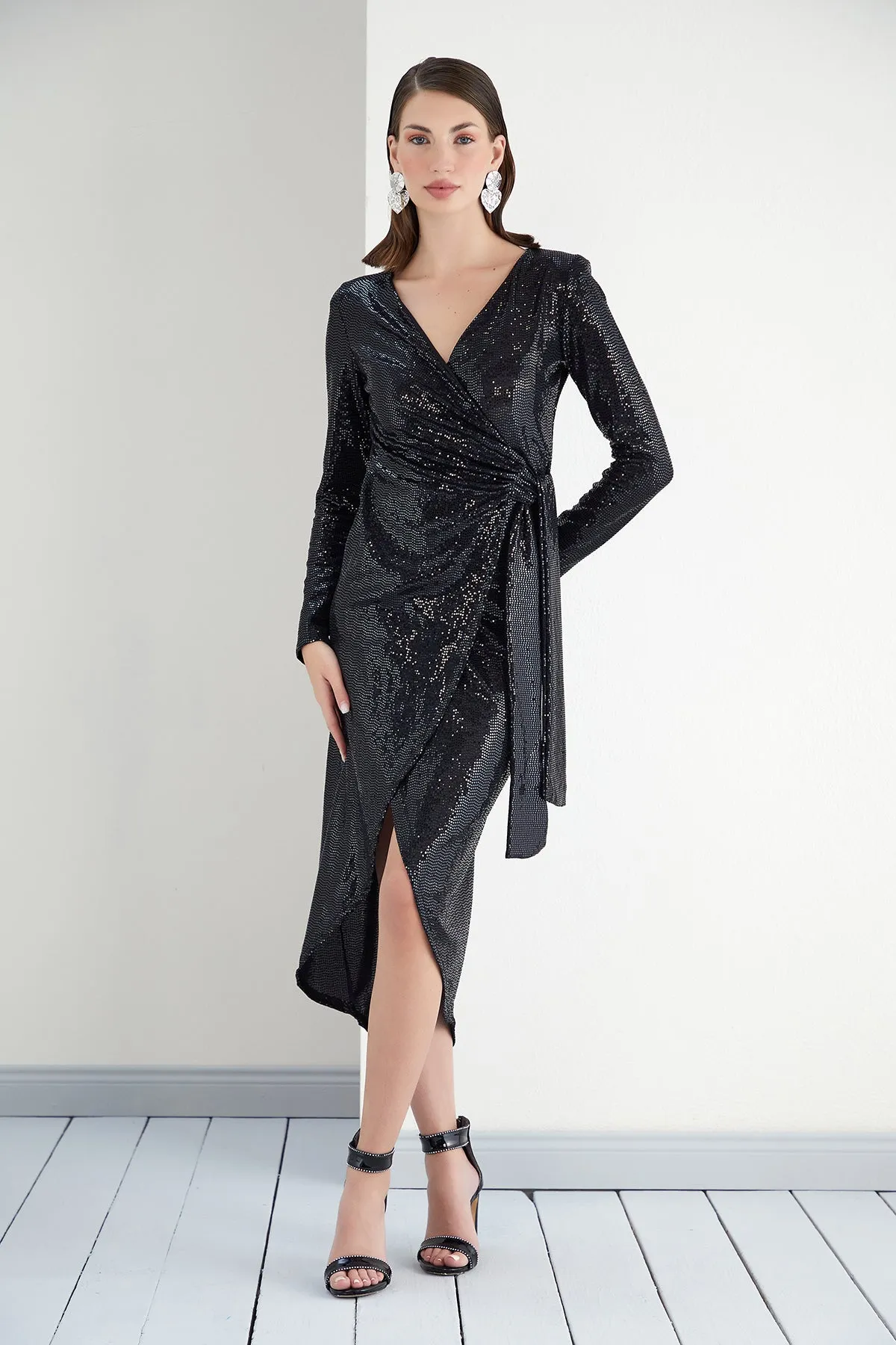 Sequin Wrap Midi dress in Black