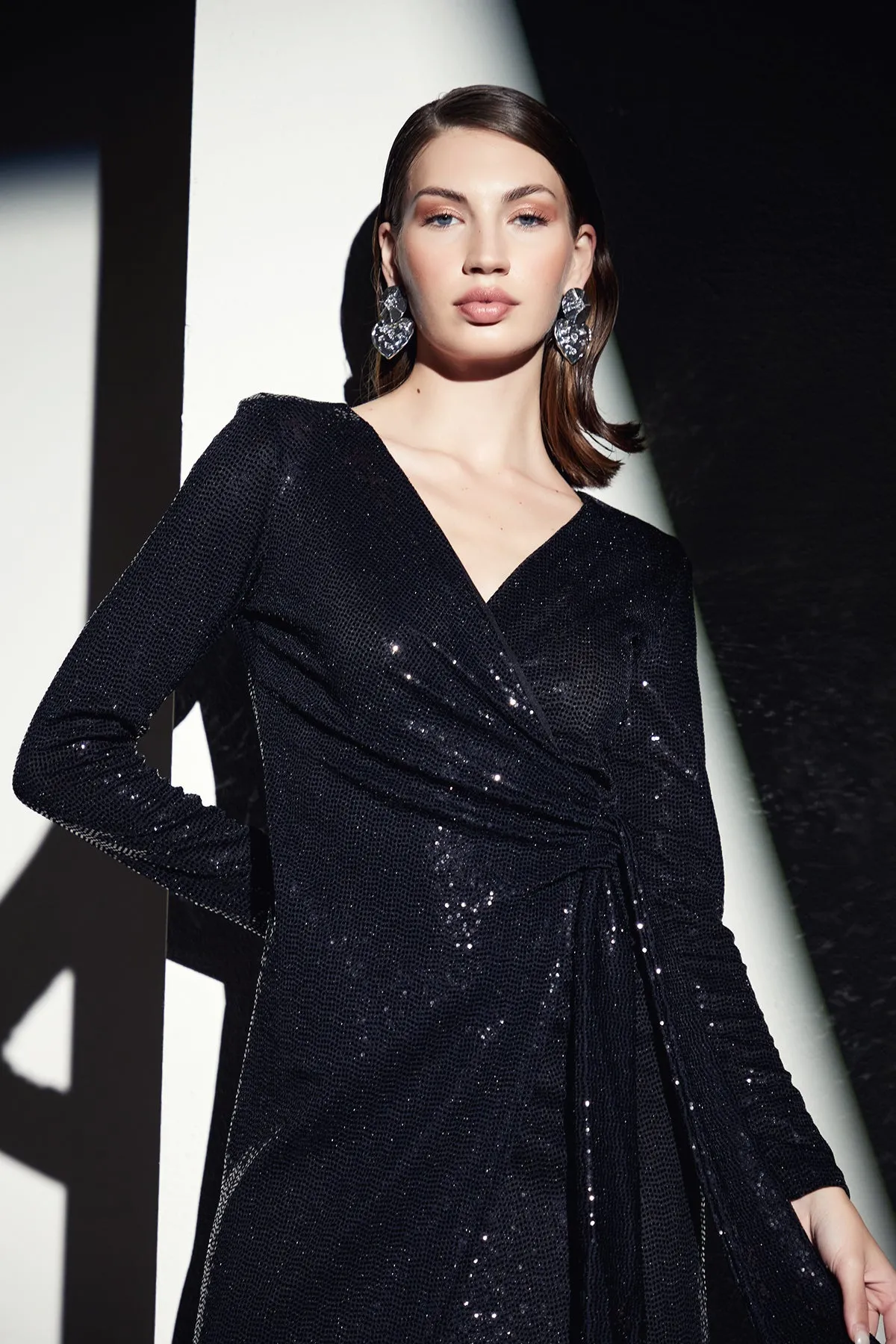 Sequin Wrap Midi dress in Black