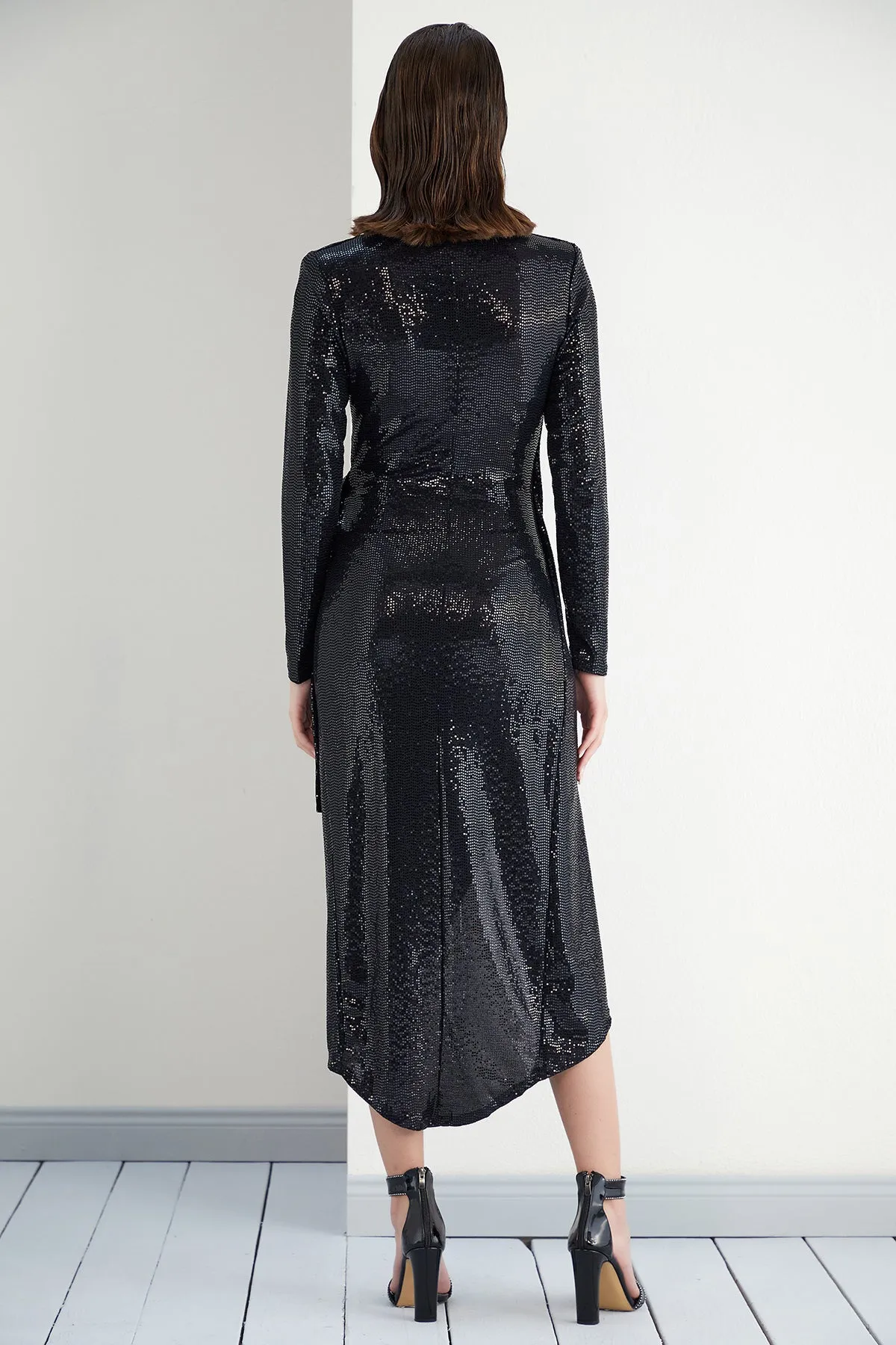 Sequin Wrap Midi dress in Black