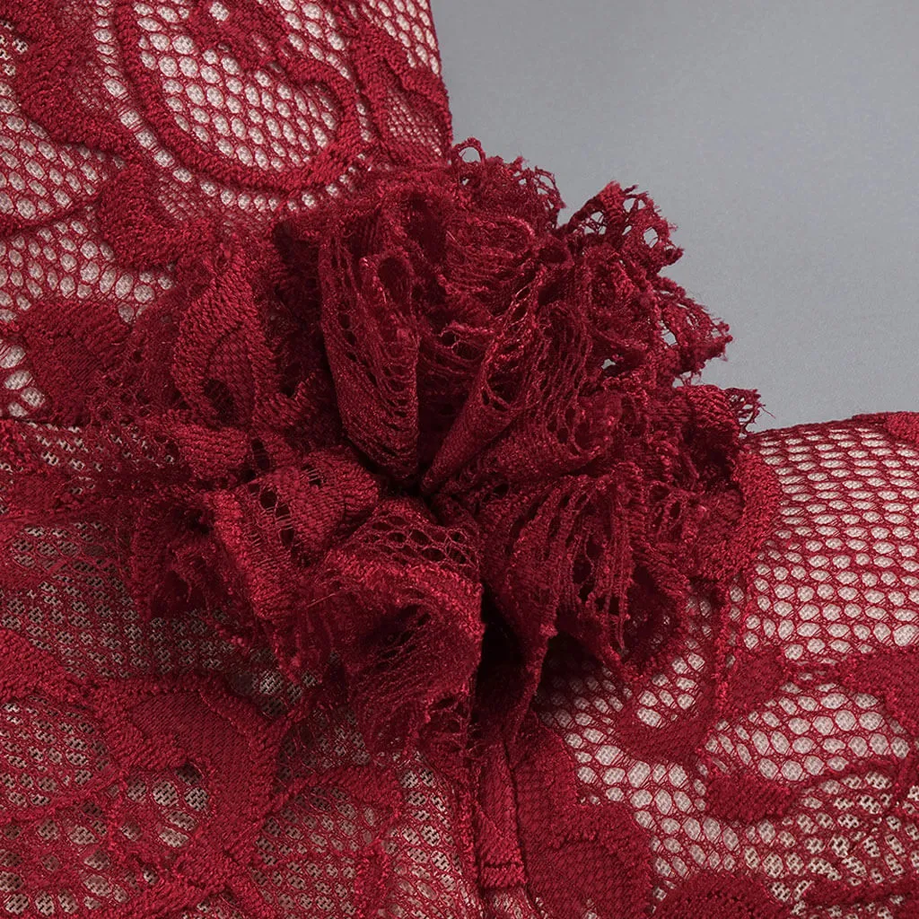 Sexy Rosette Halter Bustier Sheer Glove Lace Mermaid Gown Maxi Dress