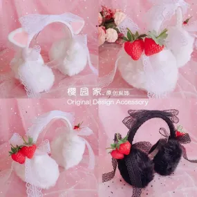 Strawberry Kitten Ear Muffs Accessory Kawaii Academia Y2K Cottagecore Coquette Fairycore Dollette Princesscore