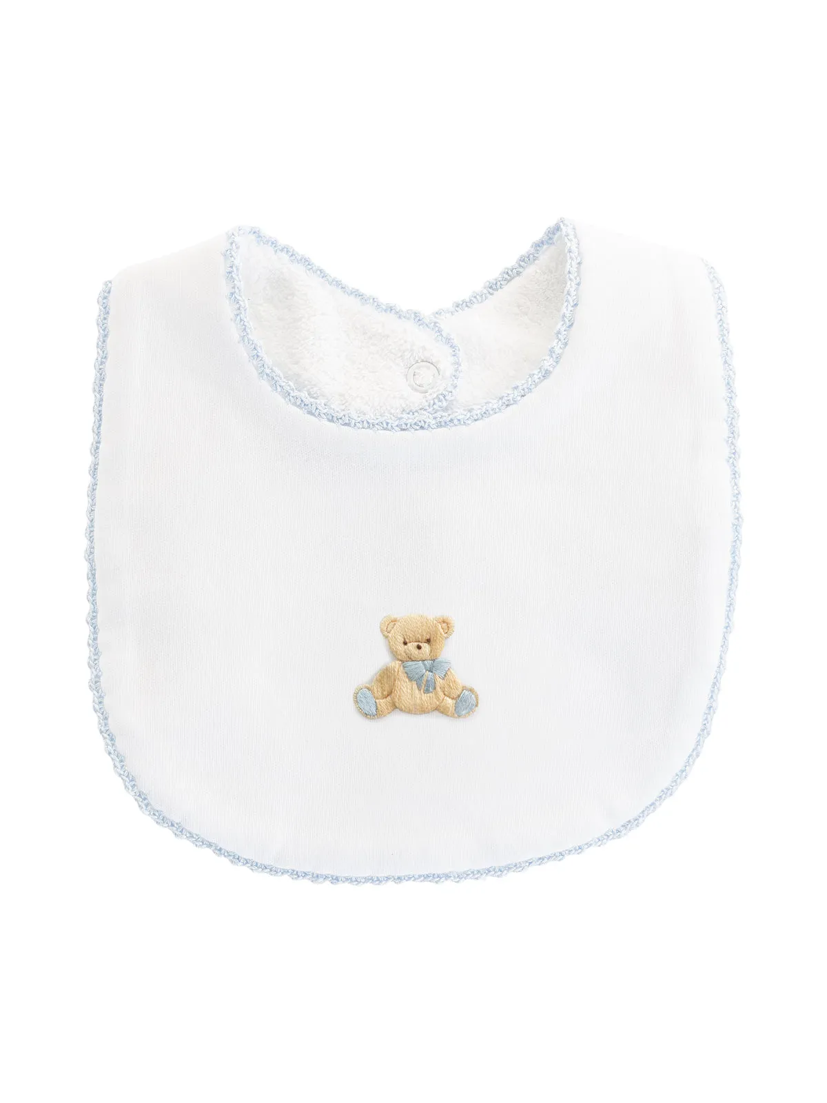 Teddy Bear Bib with Crochet Trim - Blue
