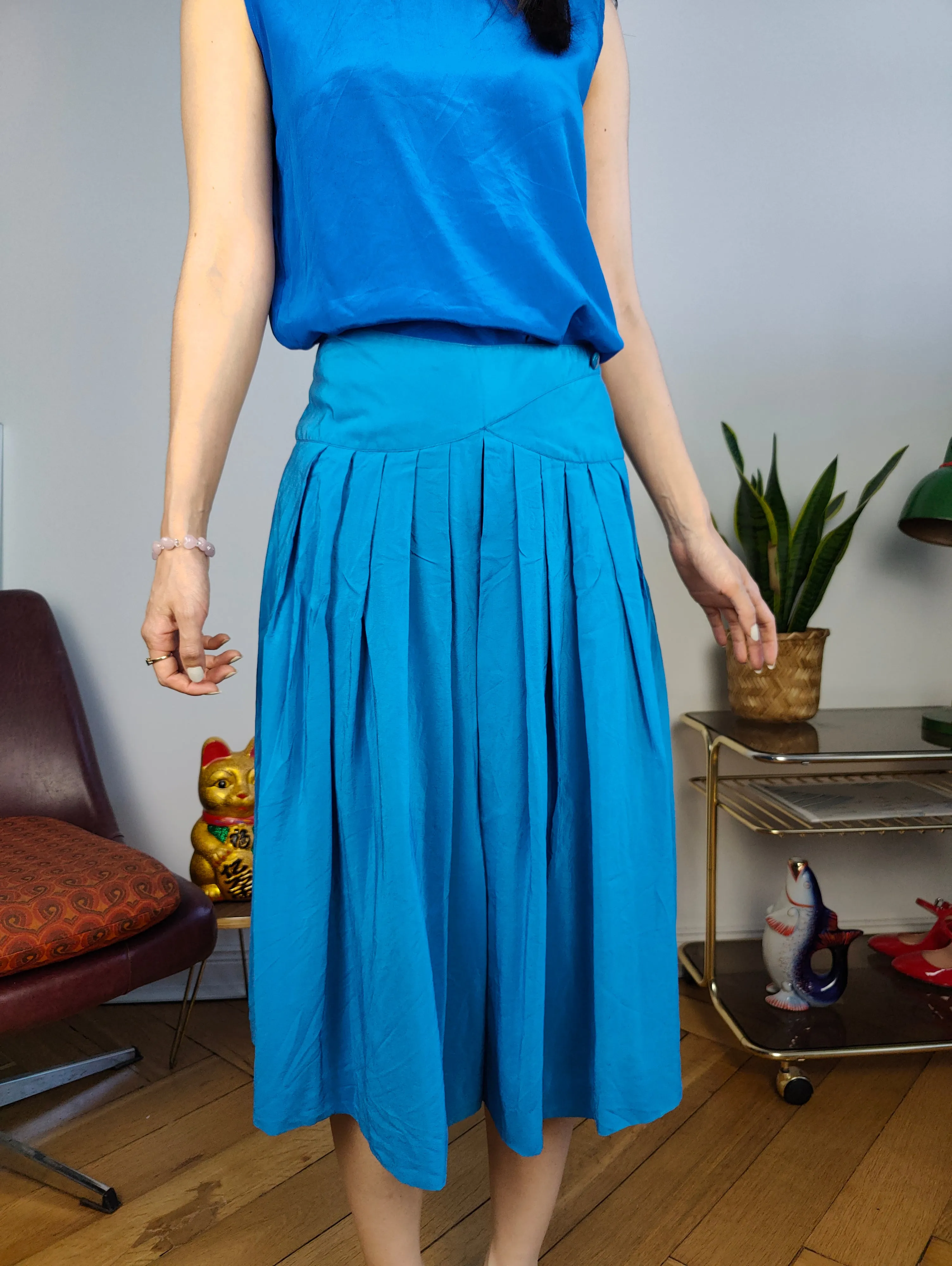 Vintage silk culottes shorts skirt blue pleated IT 44 S