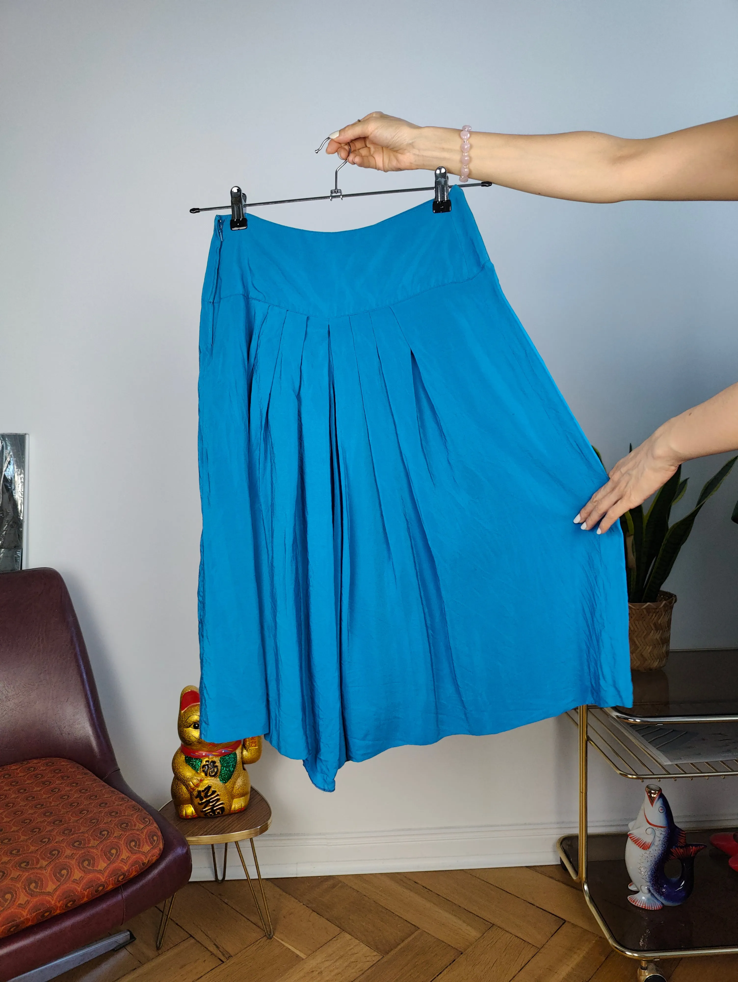 Vintage silk culottes shorts skirt blue pleated IT 44 S