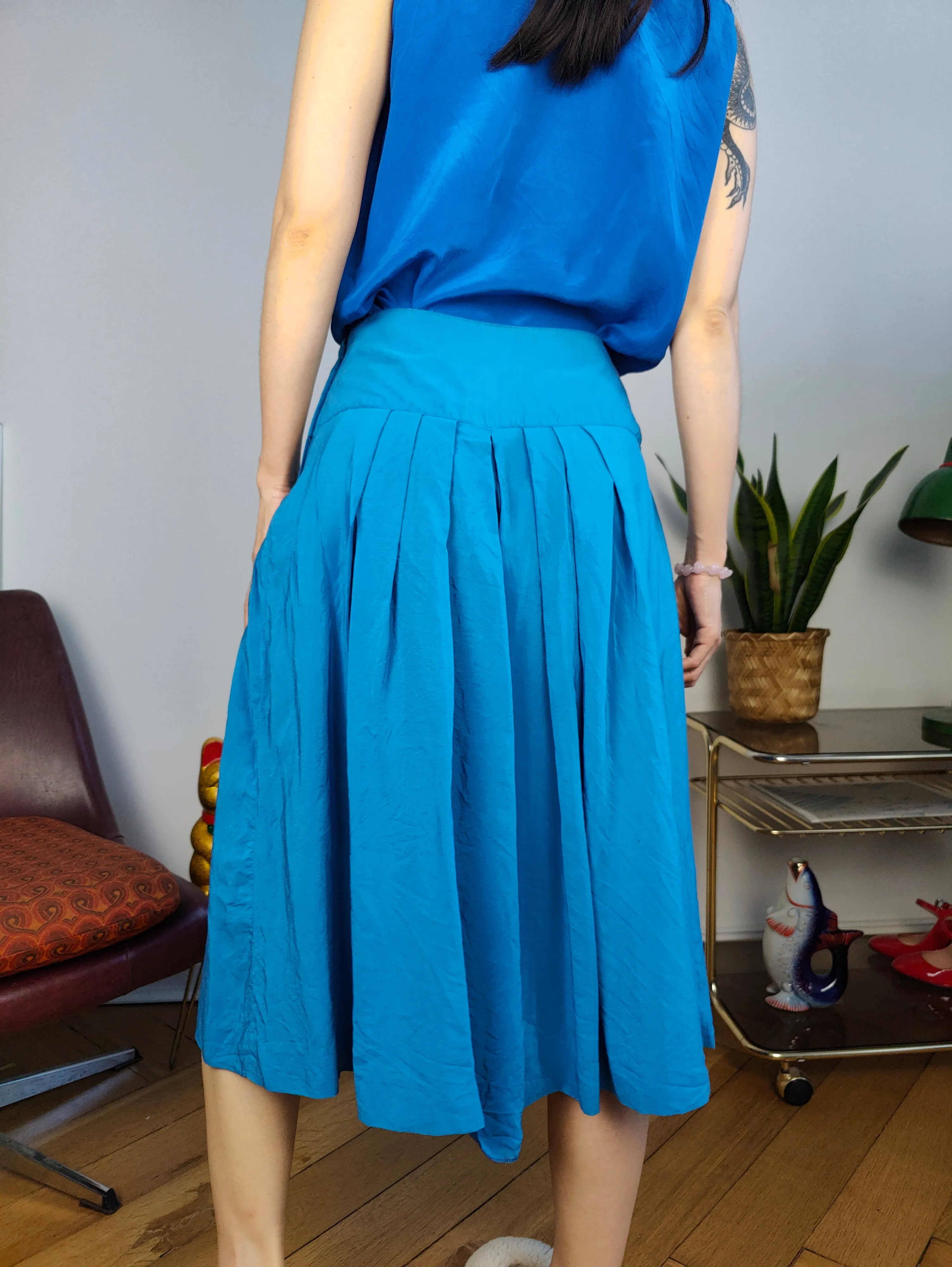 Vintage silk culottes shorts skirt blue pleated IT 44 S