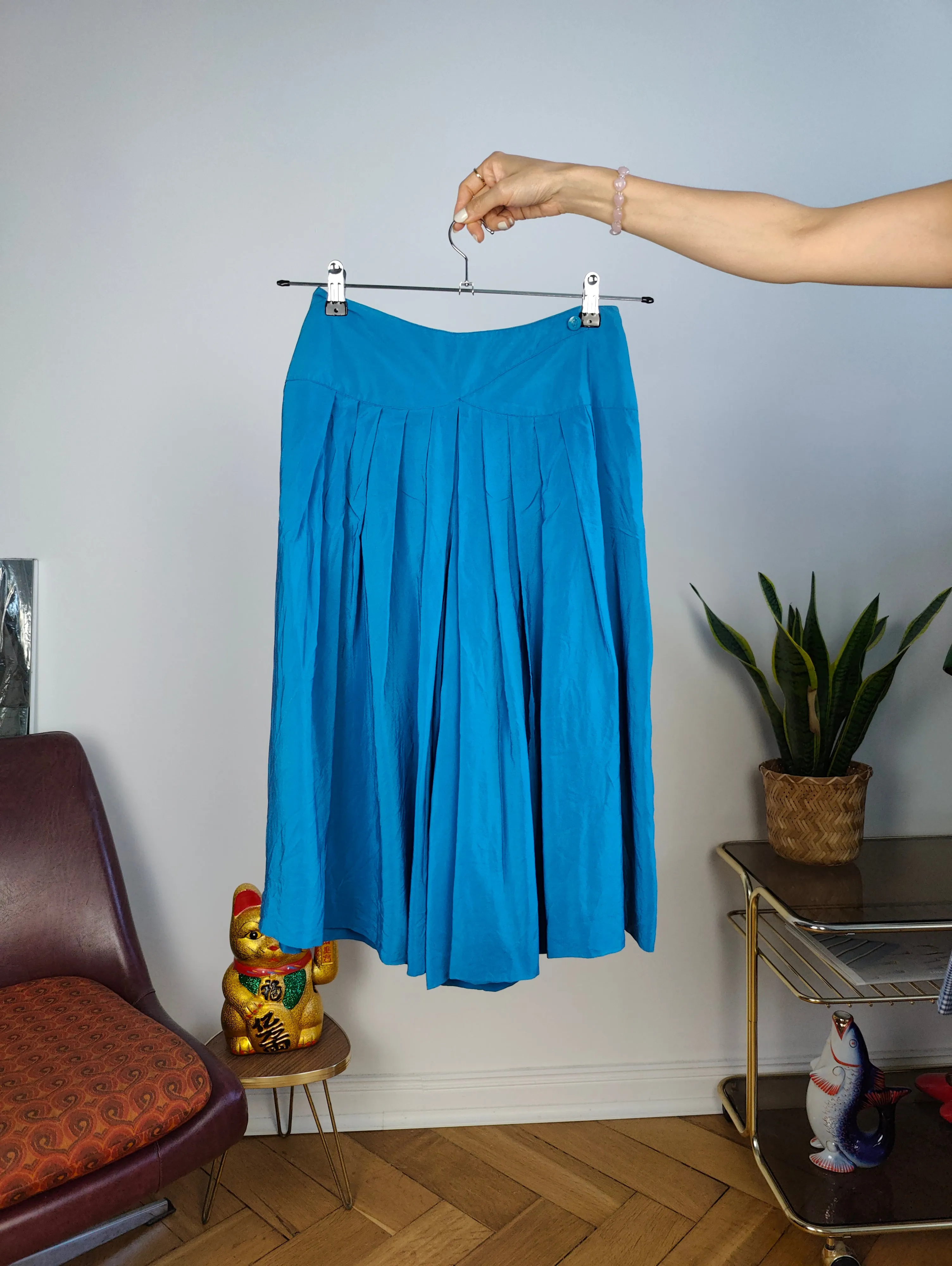 Vintage silk culottes shorts skirt blue pleated IT 44 S