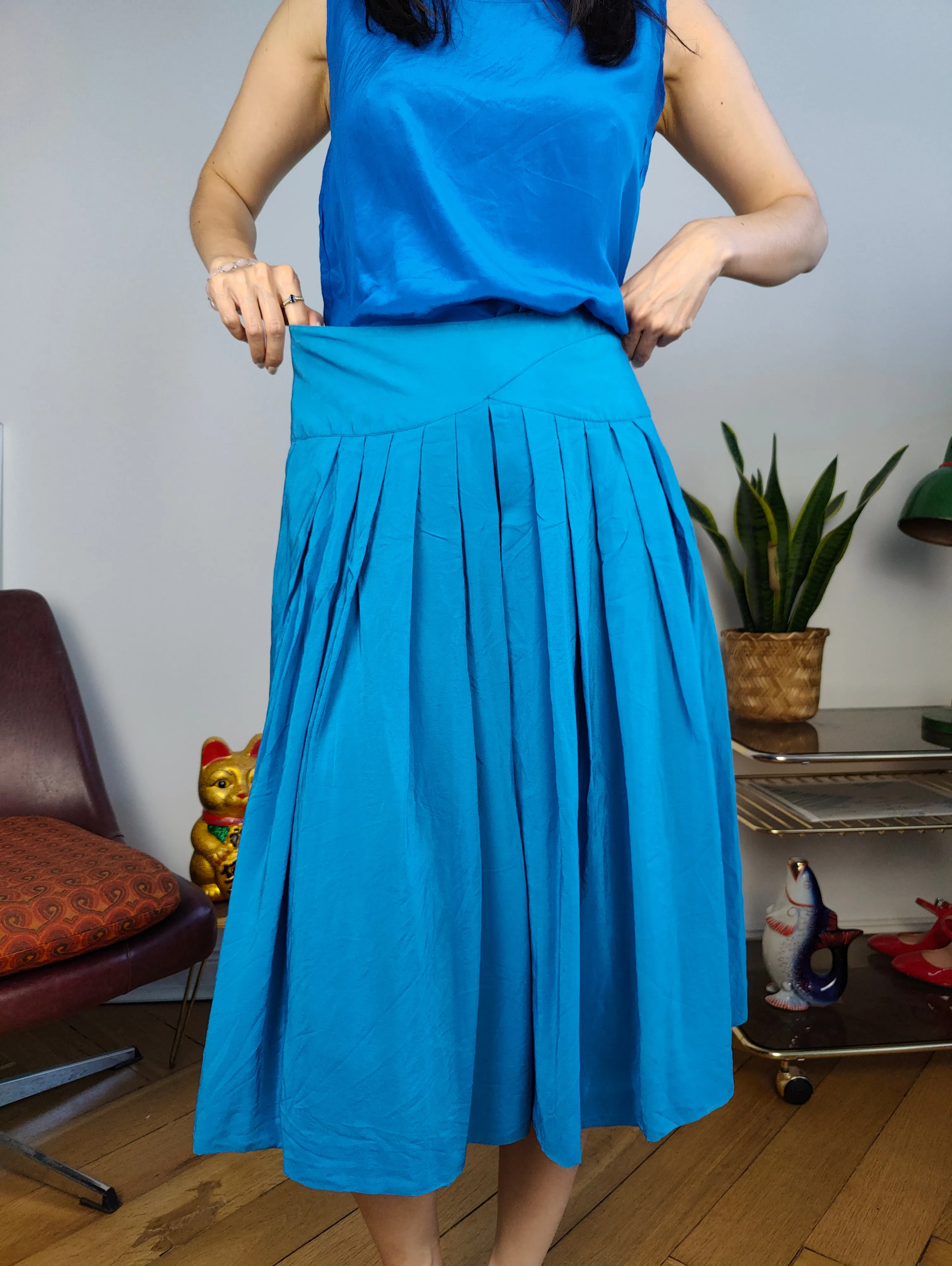 Vintage silk culottes shorts skirt blue pleated IT 44 S