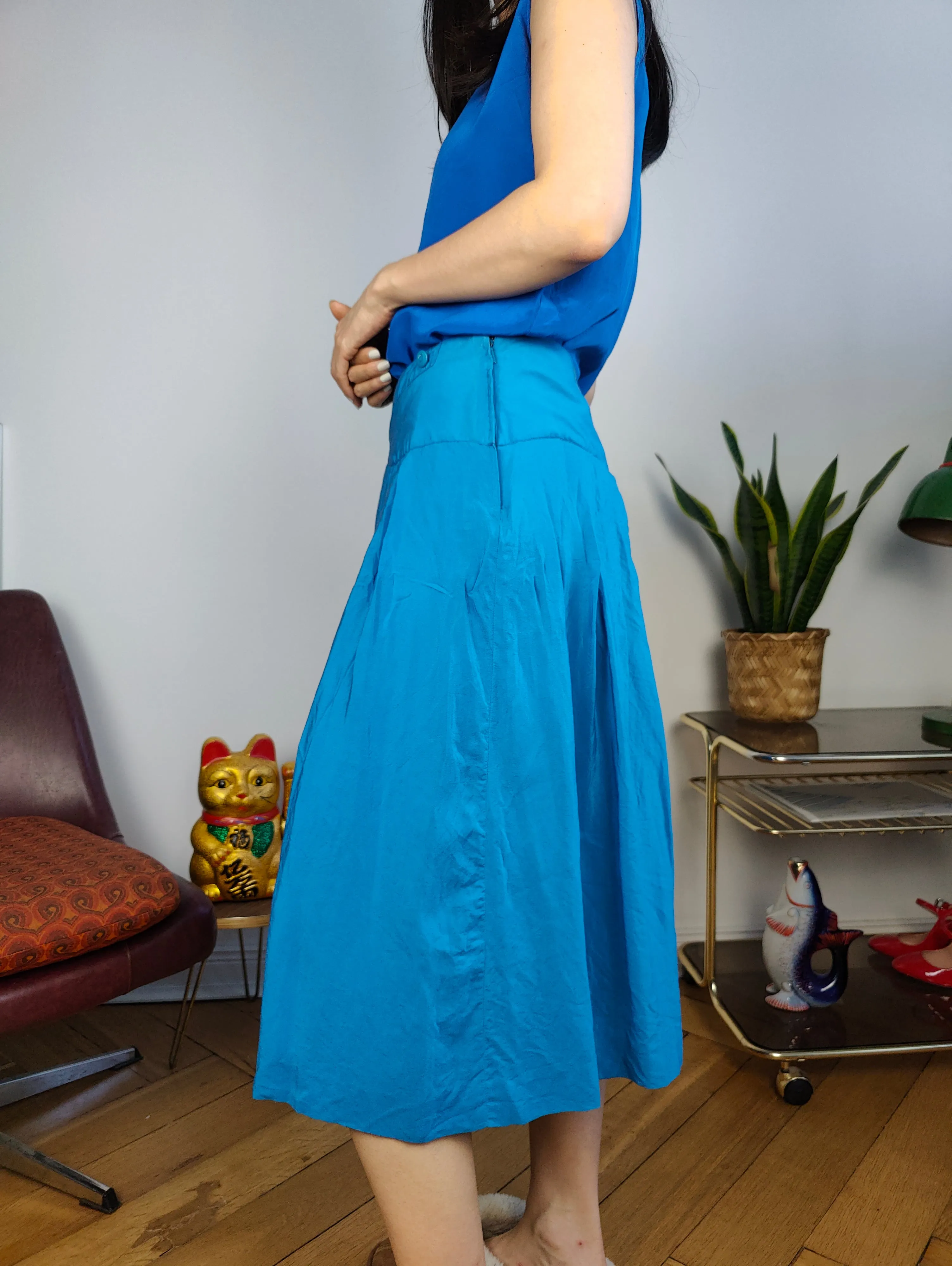 Vintage silk culottes shorts skirt blue pleated IT 44 S