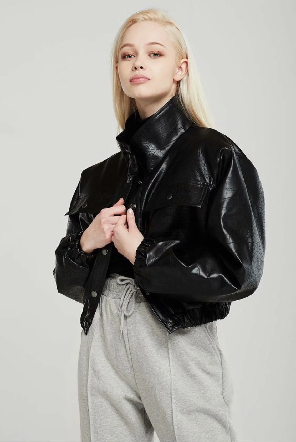 xakxx Autumn Spring Solid Casual Jacket Women Female Chic Long Sleeve PU Leather Jacket With Quilted Lining Cropped Coat Outwear